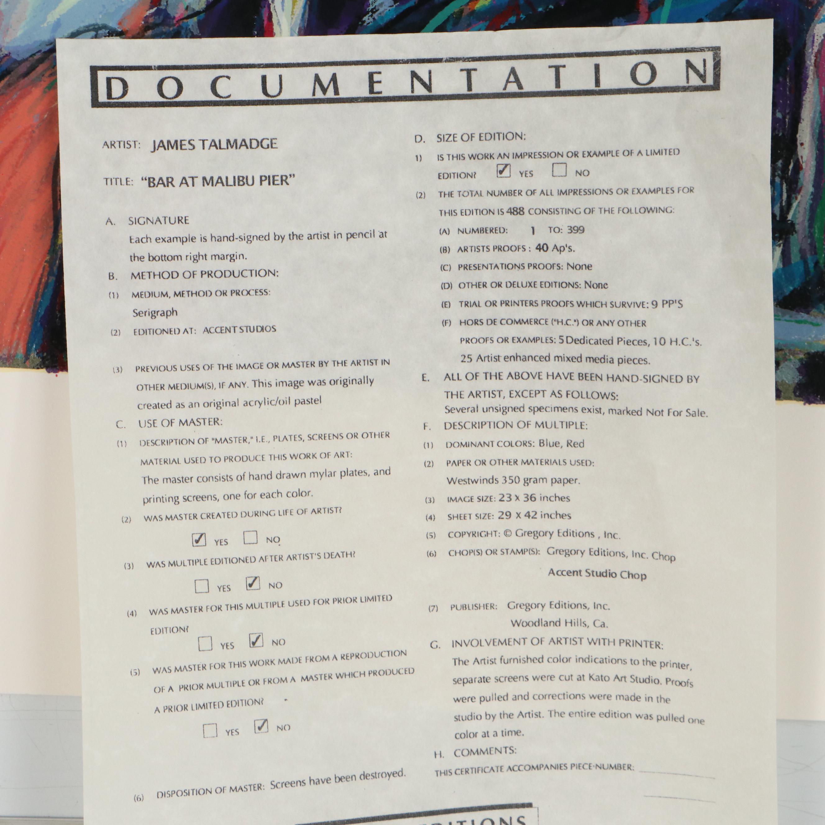 James Talmadge Serigraph "Bar at Malibu Pier," 1993