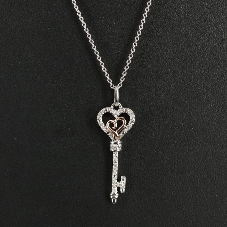 Hallmark Sterling Diamond Heart Key Pendant Necklace