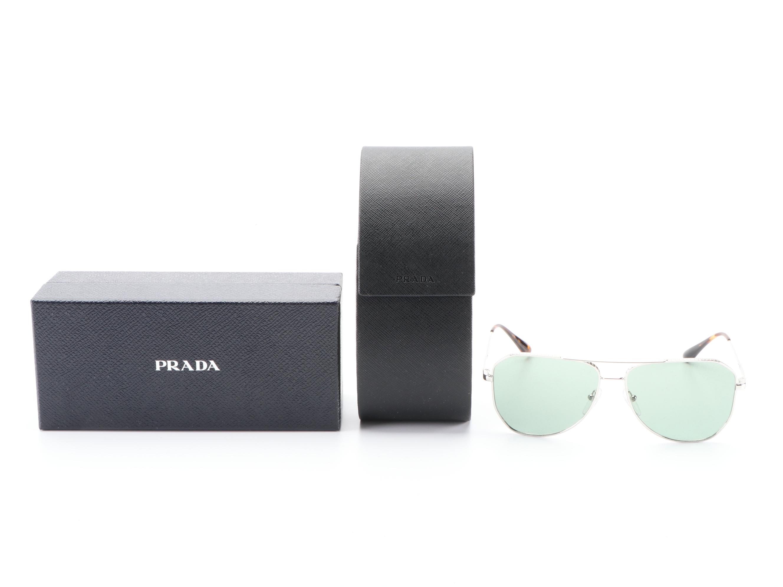Prada SPR63X Aviator Sunglasses in Silver Tone Metal with Case and Box