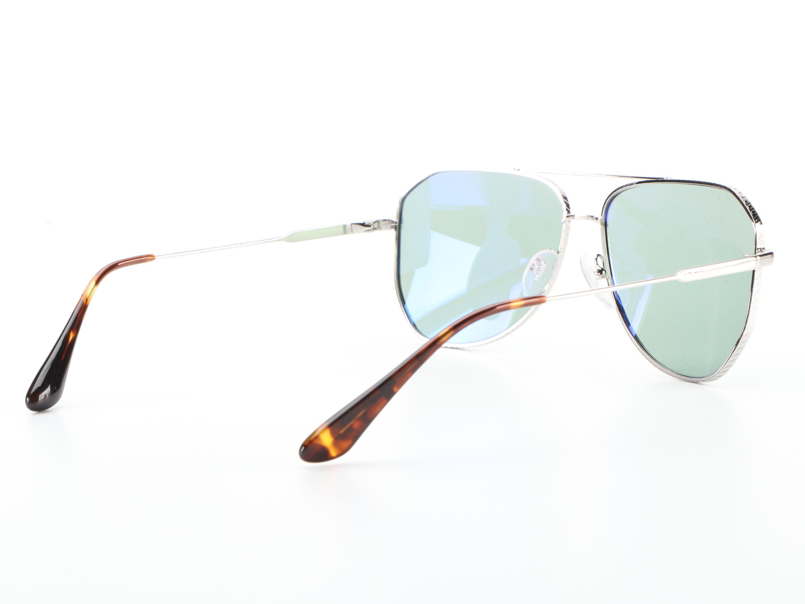 Prada SPR63X Aviator Sunglasses in Silver Tone Metal with Case and Box