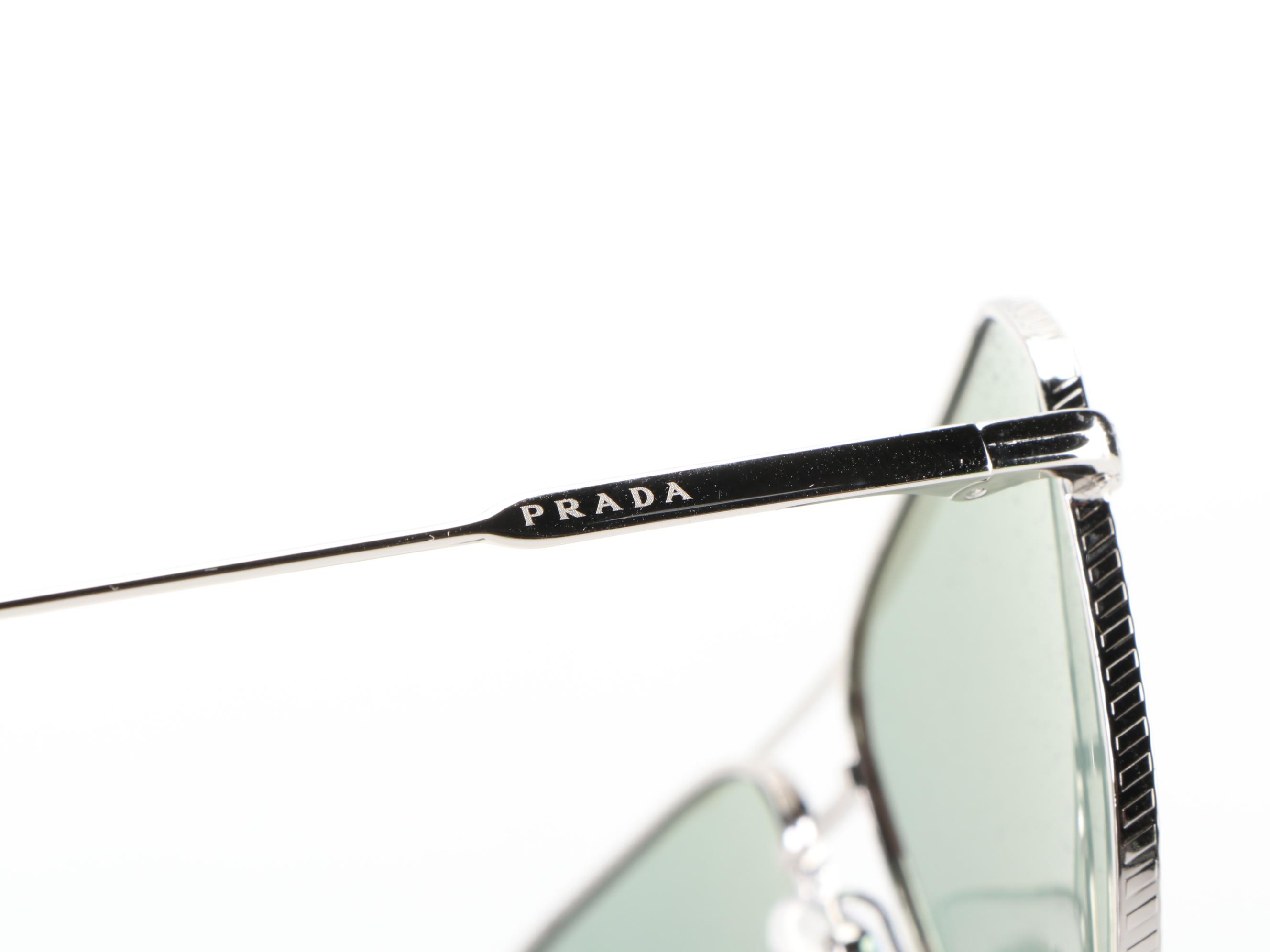 Prada SPR63X Aviator Sunglasses in Silver Tone Metal with Case and Box