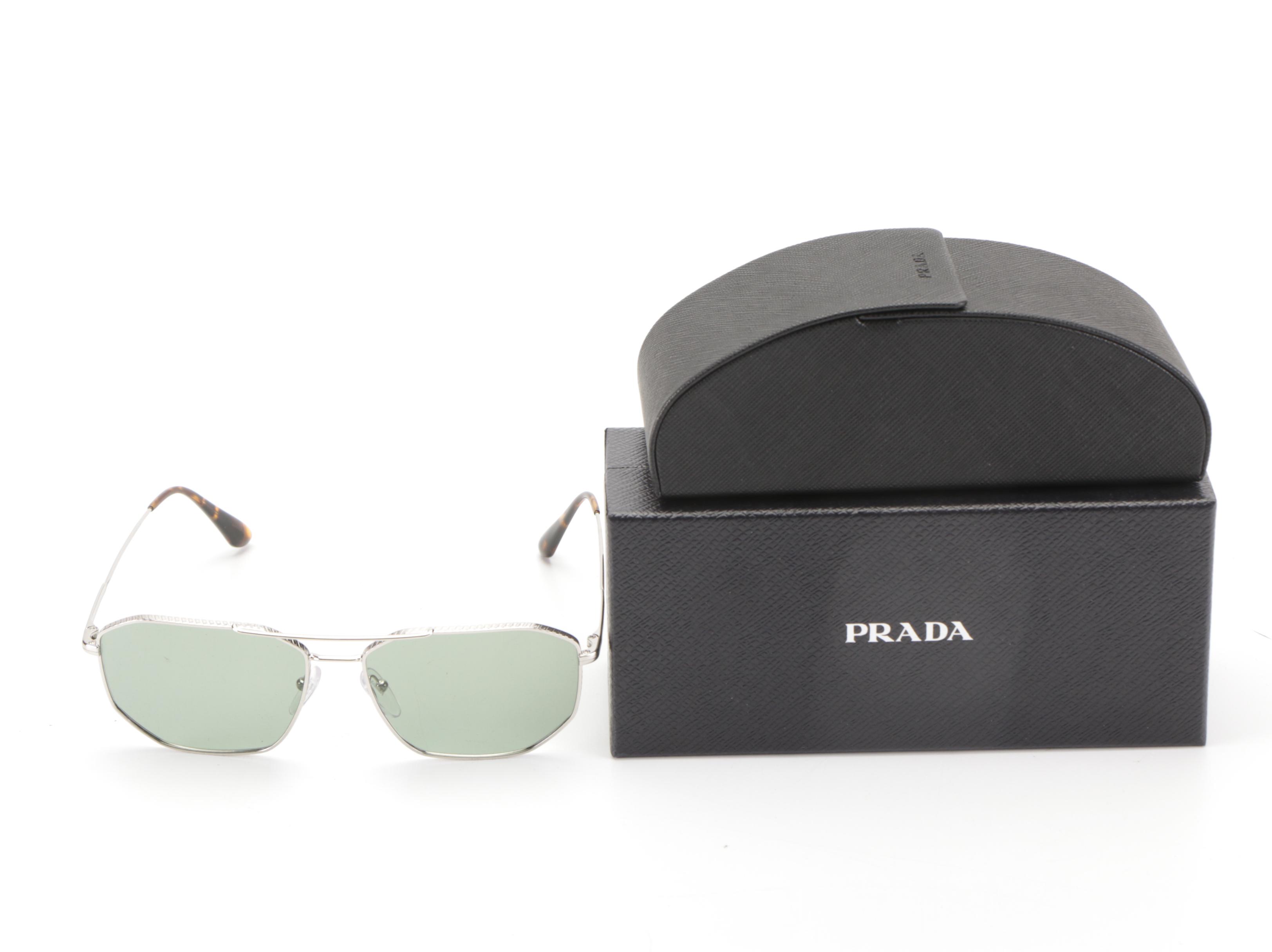 Prada SPR64X Silver Tone Double-Bridge Sunglasses with Case and Box
