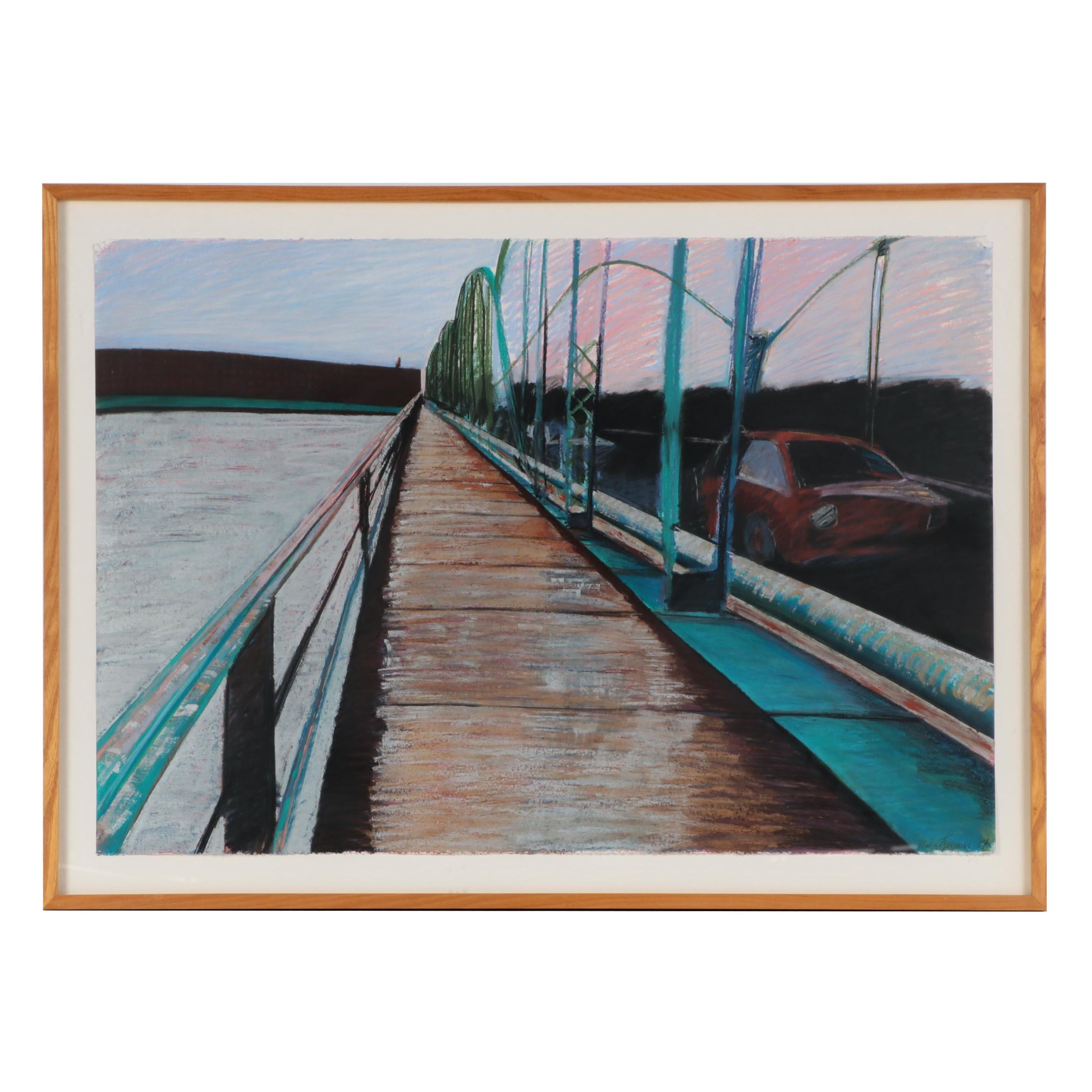 Mela Lyman Pastel Drawing "Aiken St. Bridge with Red Car," 1984