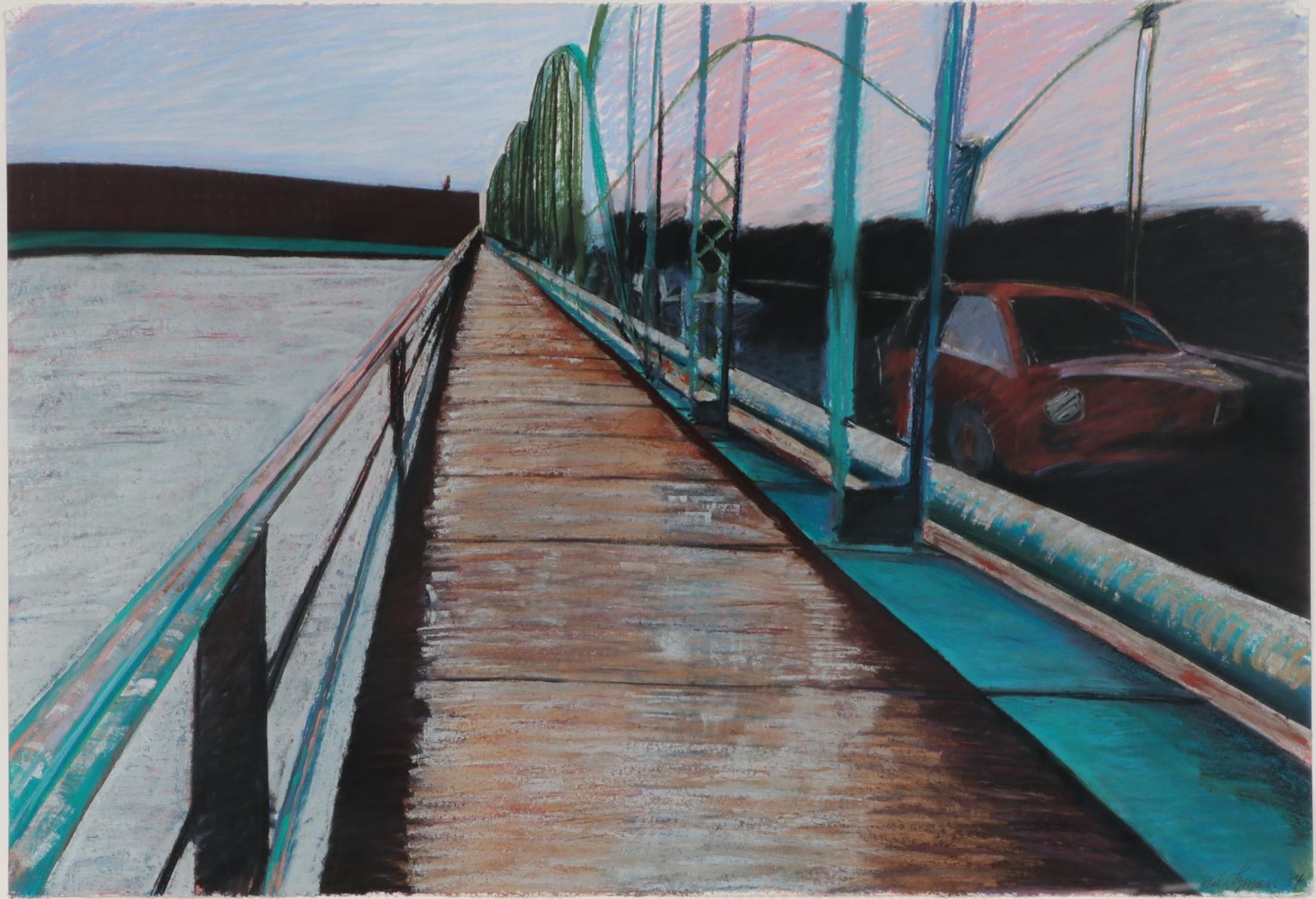 Mela Lyman Pastel Drawing "Aiken St. Bridge with Red Car," 1984