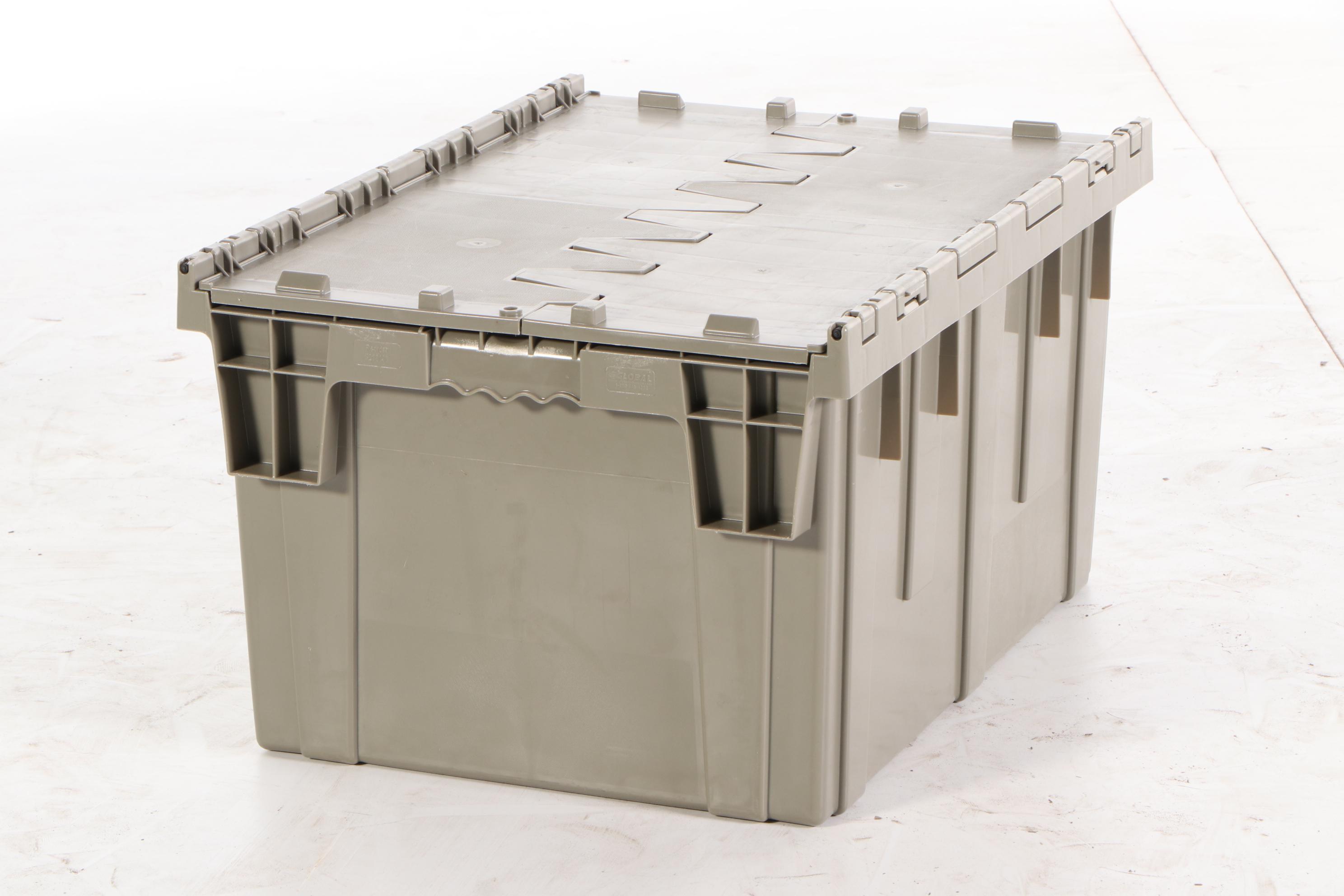 Five Gray Plastic Storage Totes