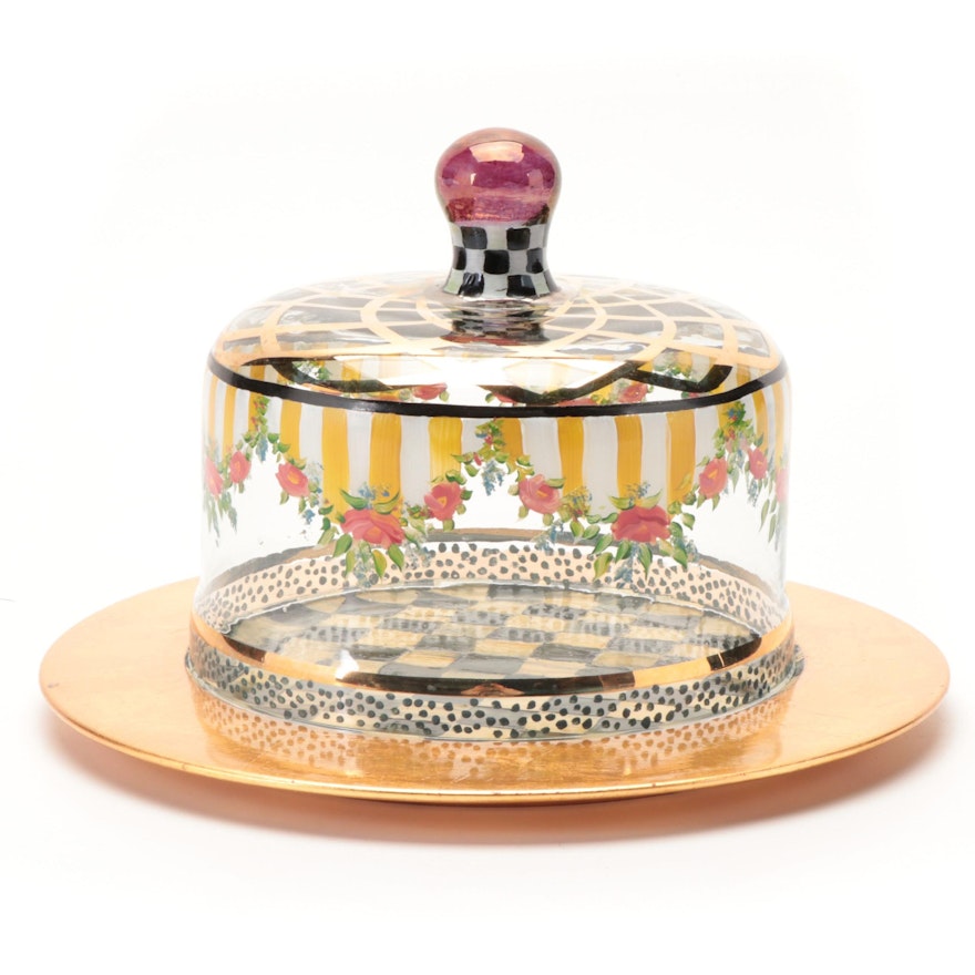 MacKenzie-Childs "Circus" Glass Cake Dome and Wood Charger