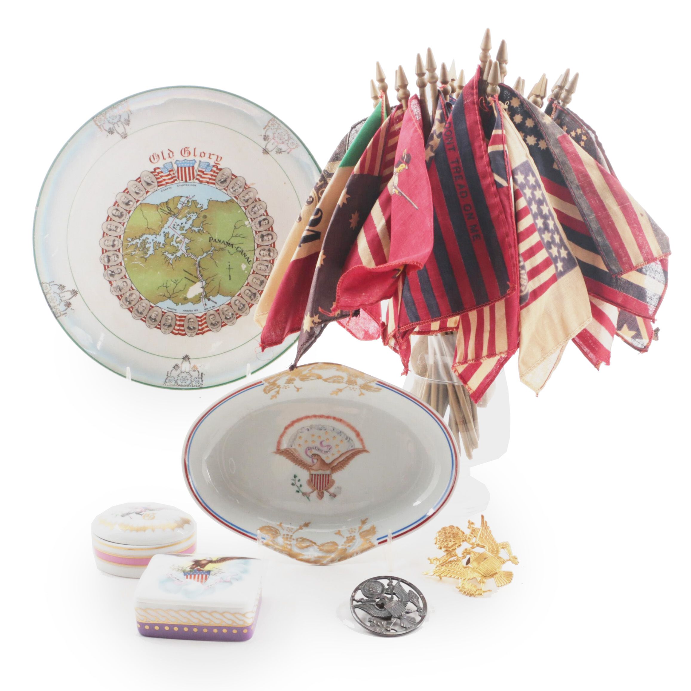 Haviland Limoges Porcelain Trinket Boxes with Flags and Other Memorabilia