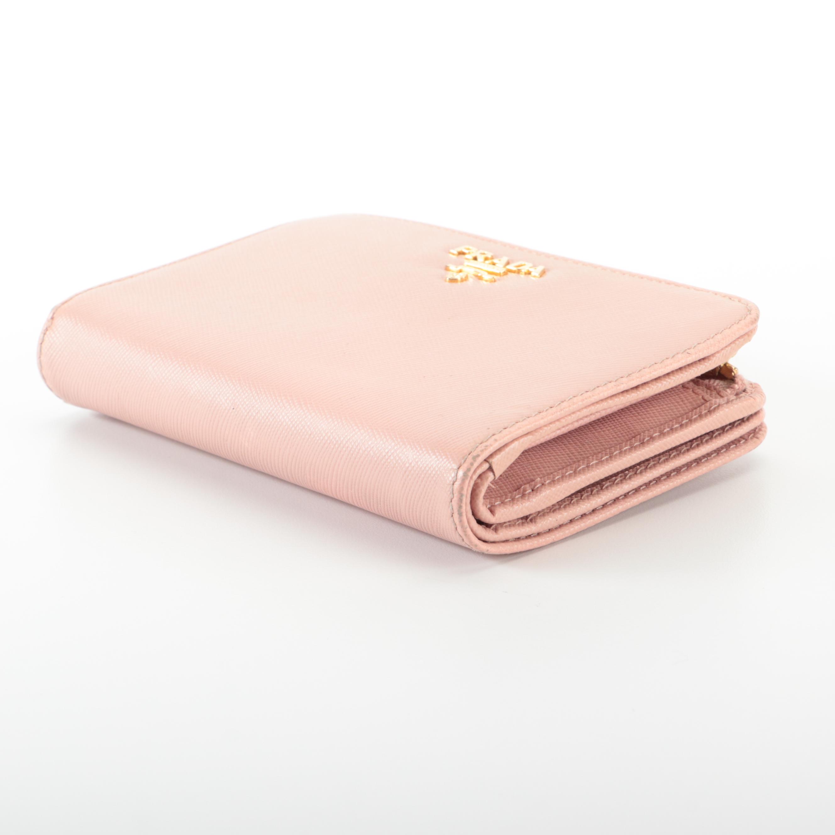 Prada Compact Zip-Around Wallet in Pink Saffiano Leather with Box