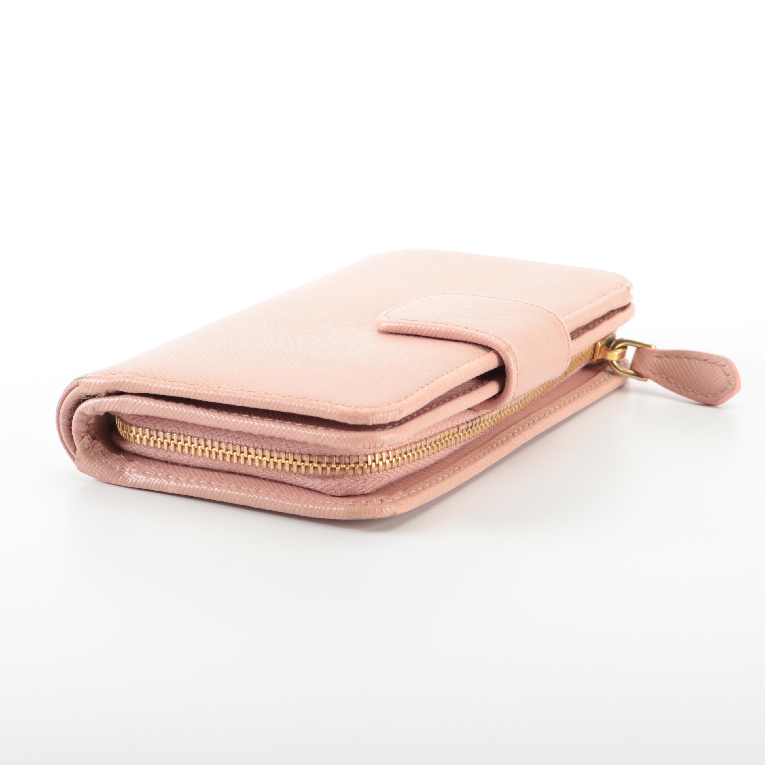 Prada Compact Zip-Around Wallet in Pink Saffiano Leather with Box