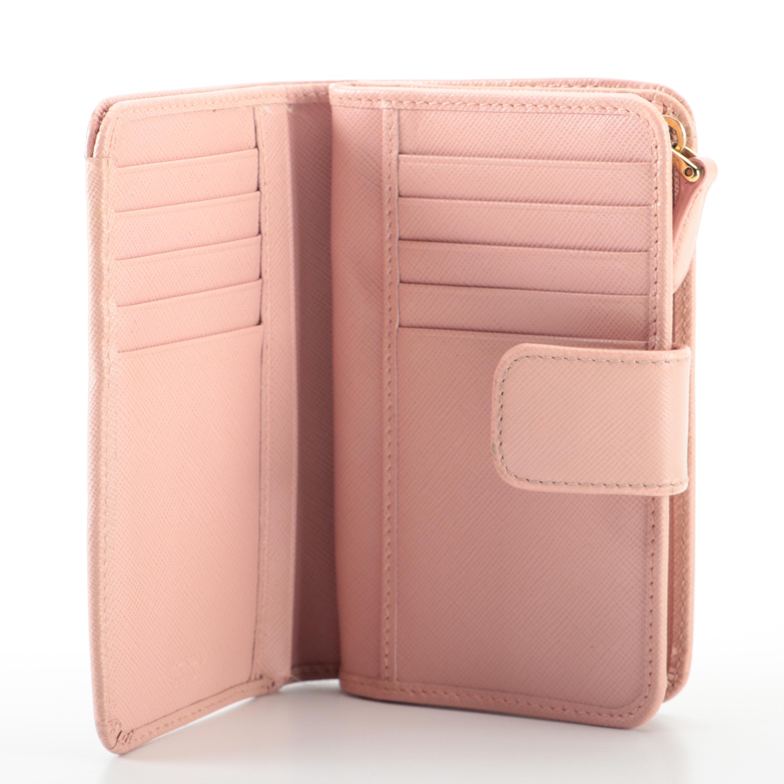 Prada Compact Zip-Around Wallet in Pink Saffiano Leather with Box