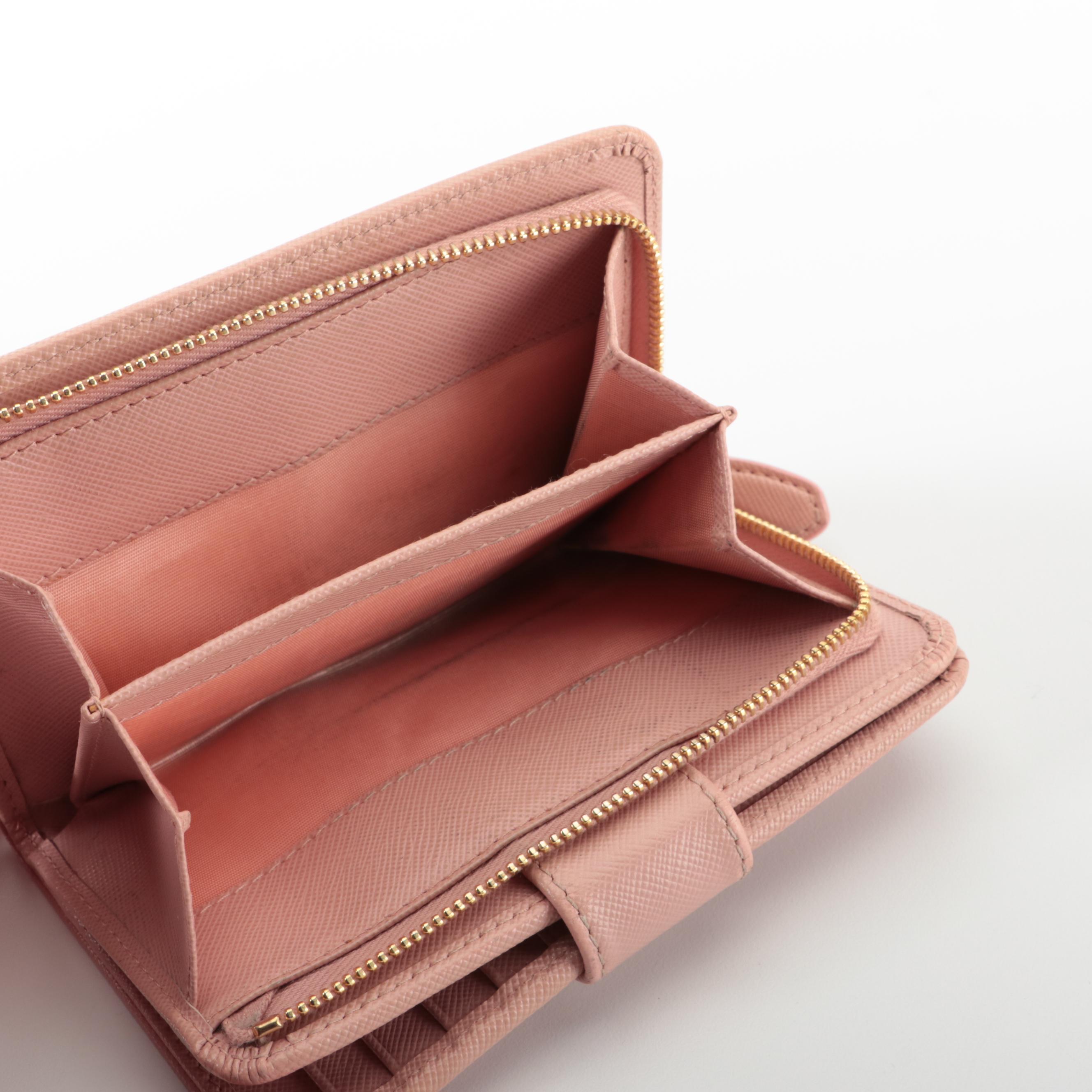 Prada Compact Zip-Around Wallet in Pink Saffiano Leather with Box