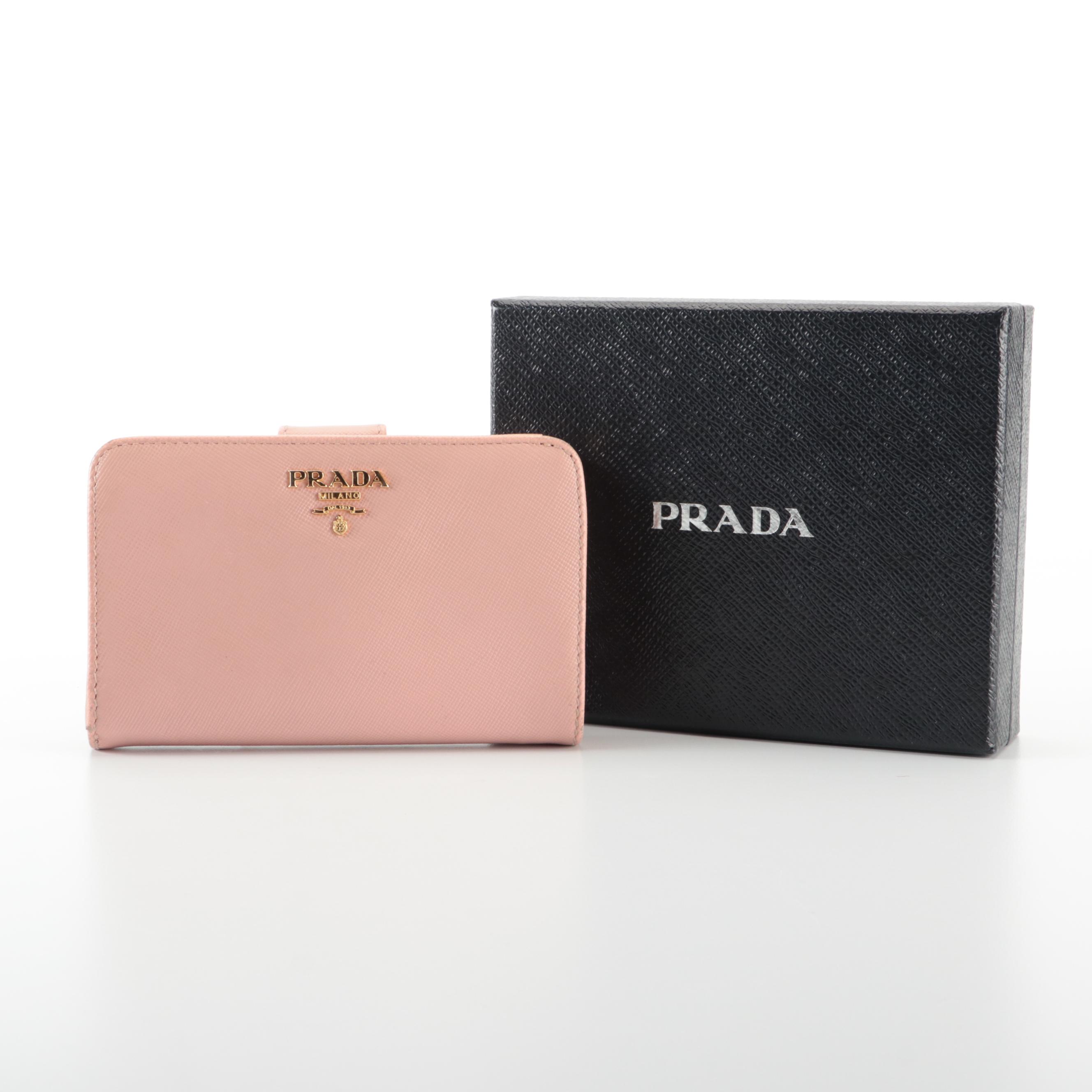 Prada Compact Zip-Around Wallet in Pink Saffiano Leather with Box