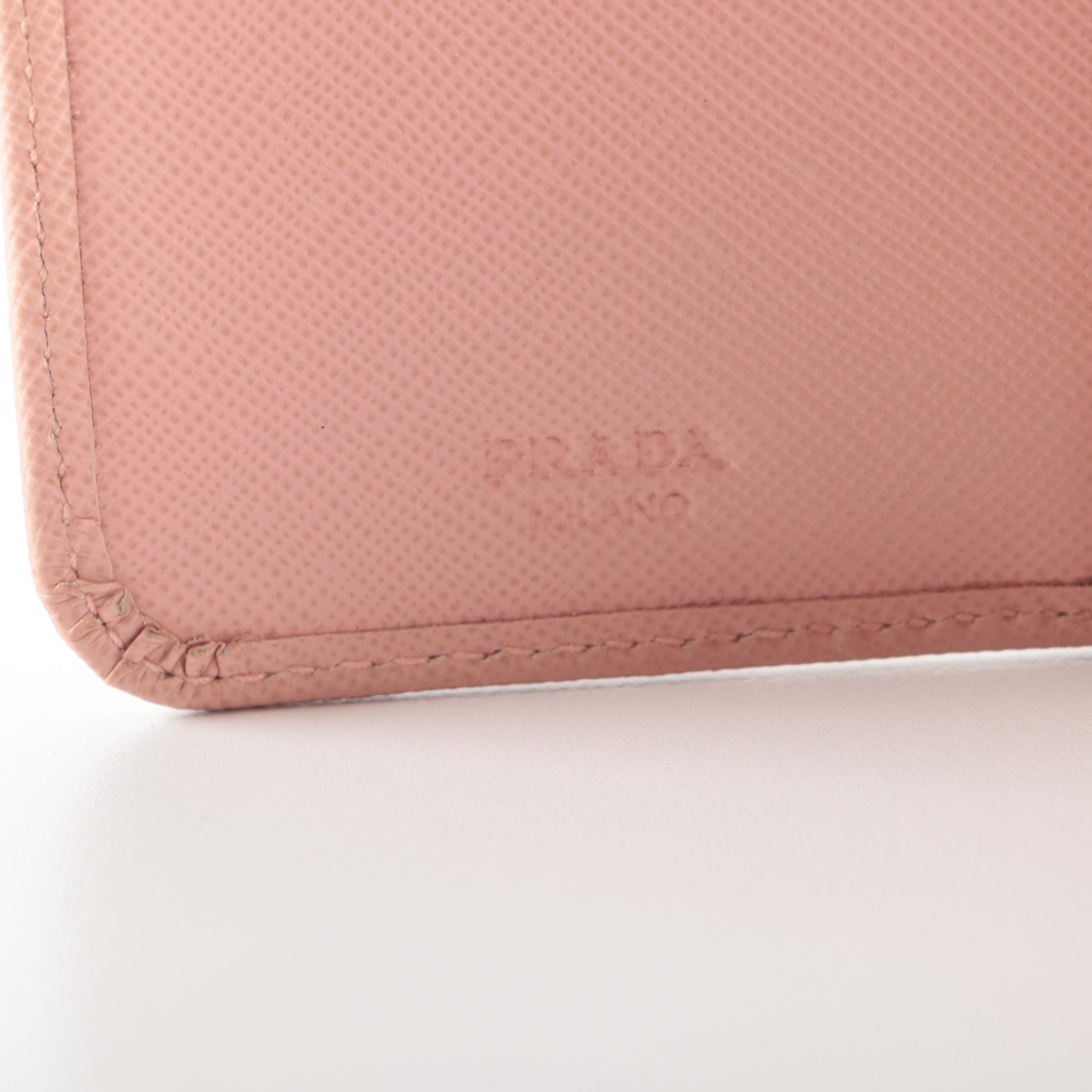 Prada Compact Zip-Around Wallet in Pink Saffiano Leather with Box