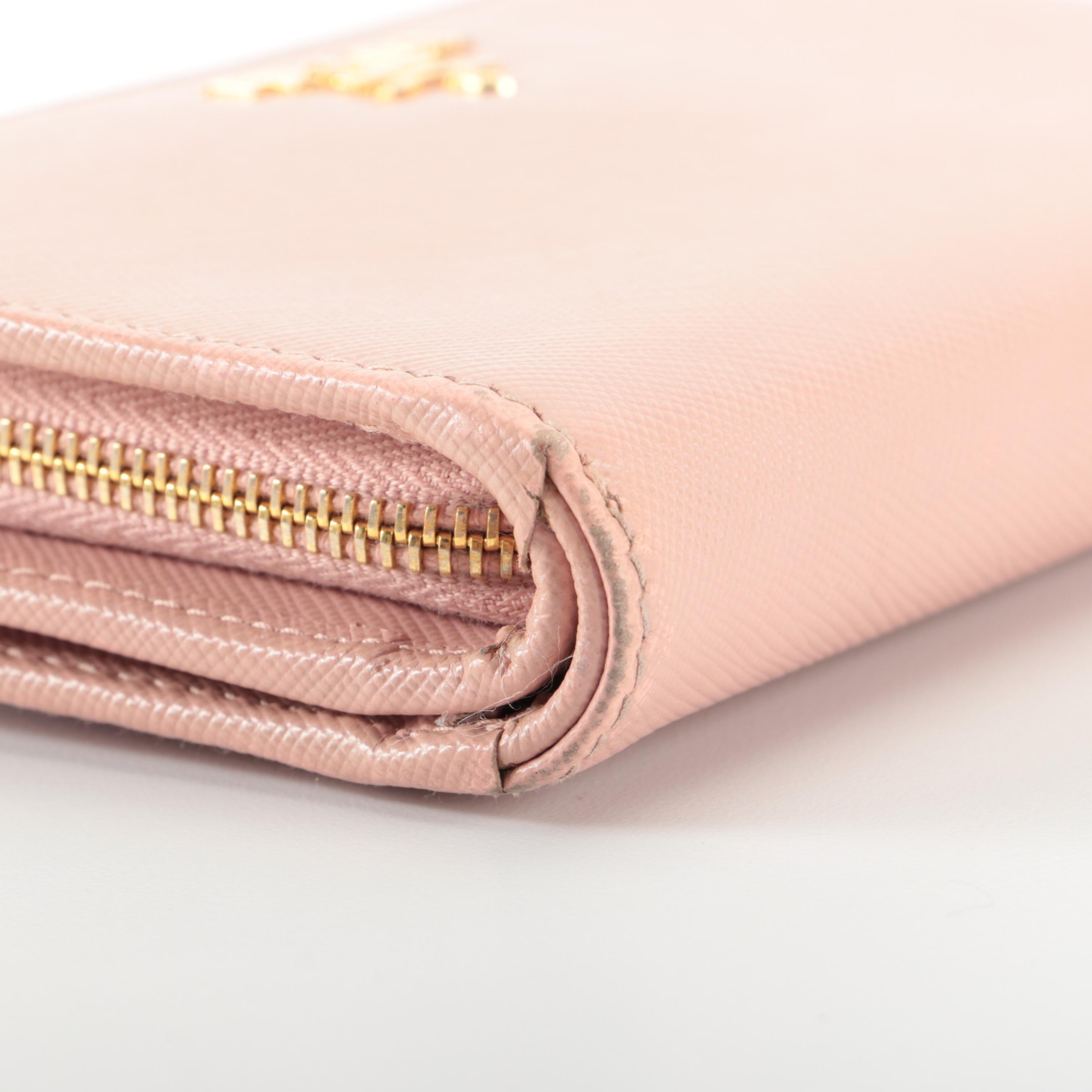 Prada Compact Zip-Around Wallet in Pink Saffiano Leather with Box