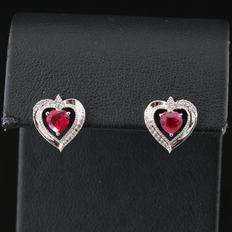 Sterling Ruby and White Sapphire Heart Earrings