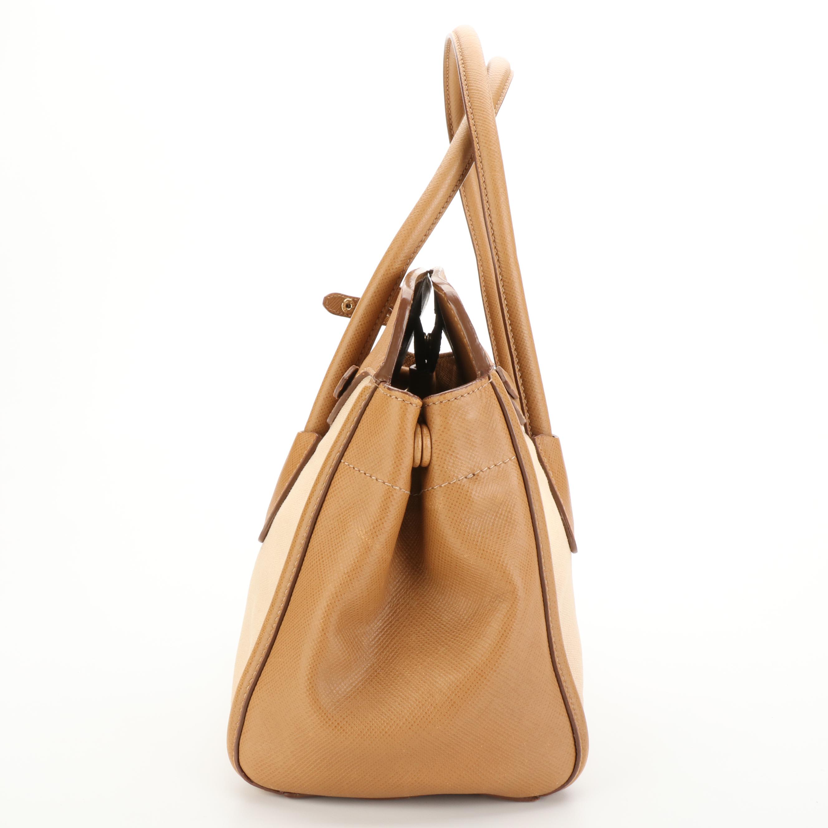 Prada Corda Top Handle Tote Bag in Beige Canvas and Tan Saffiano Leather