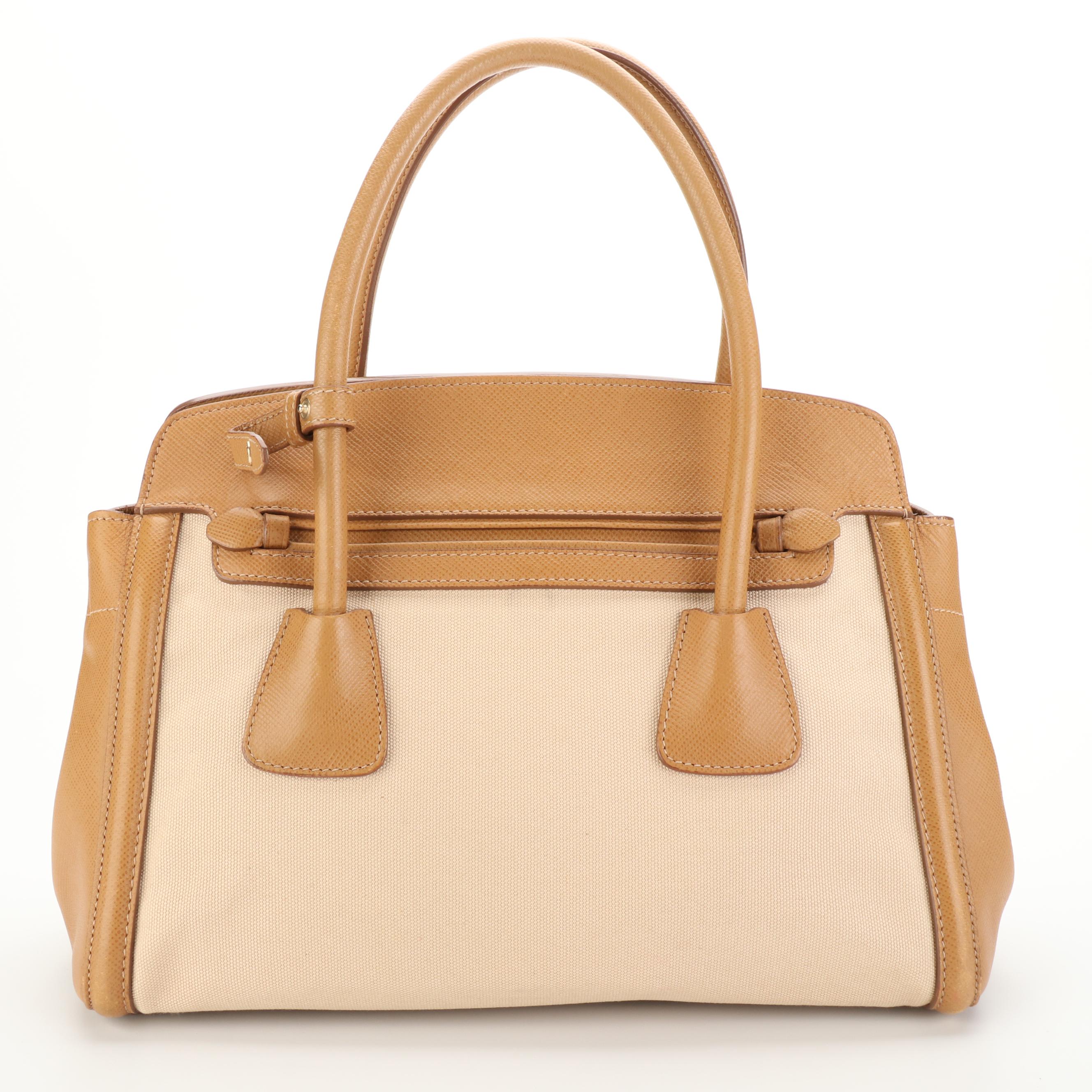 Prada Corda Top Handle Tote Bag in Beige Canvas and Tan Saffiano Leather