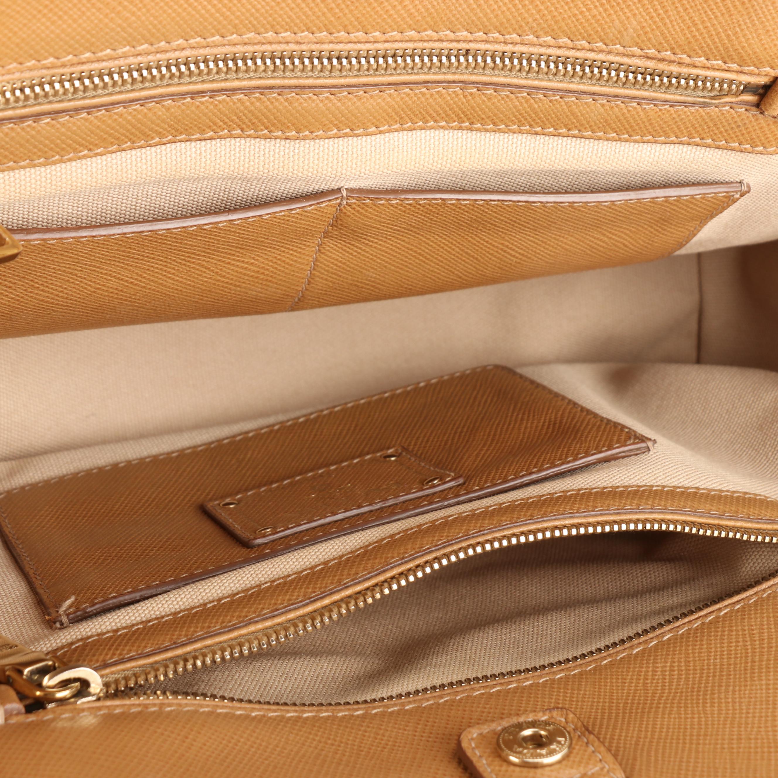 Prada Corda Top Handle Tote Bag in Beige Canvas and Tan Saffiano Leather