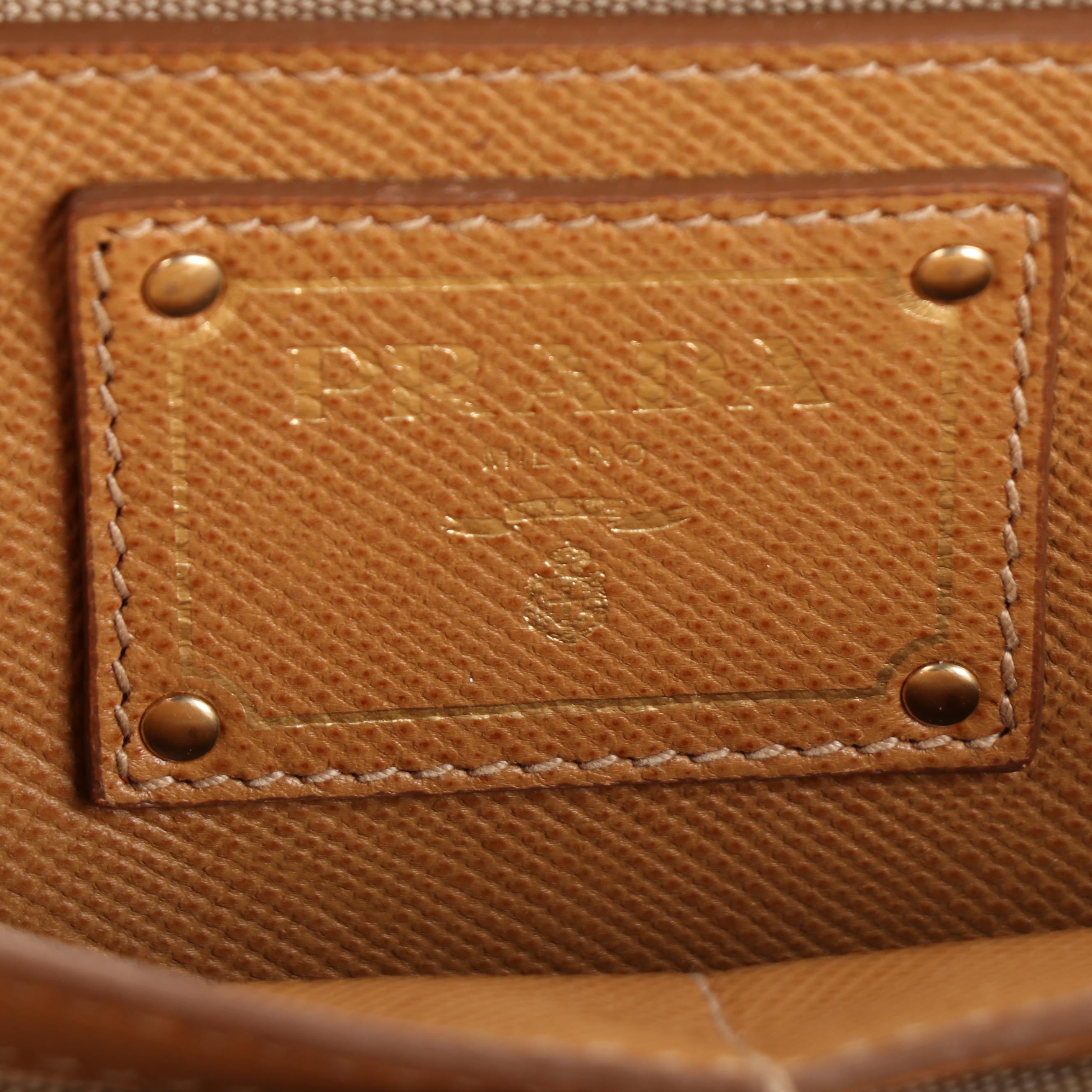 Prada Corda Top Handle Tote Bag in Beige Canvas and Tan Saffiano Leather