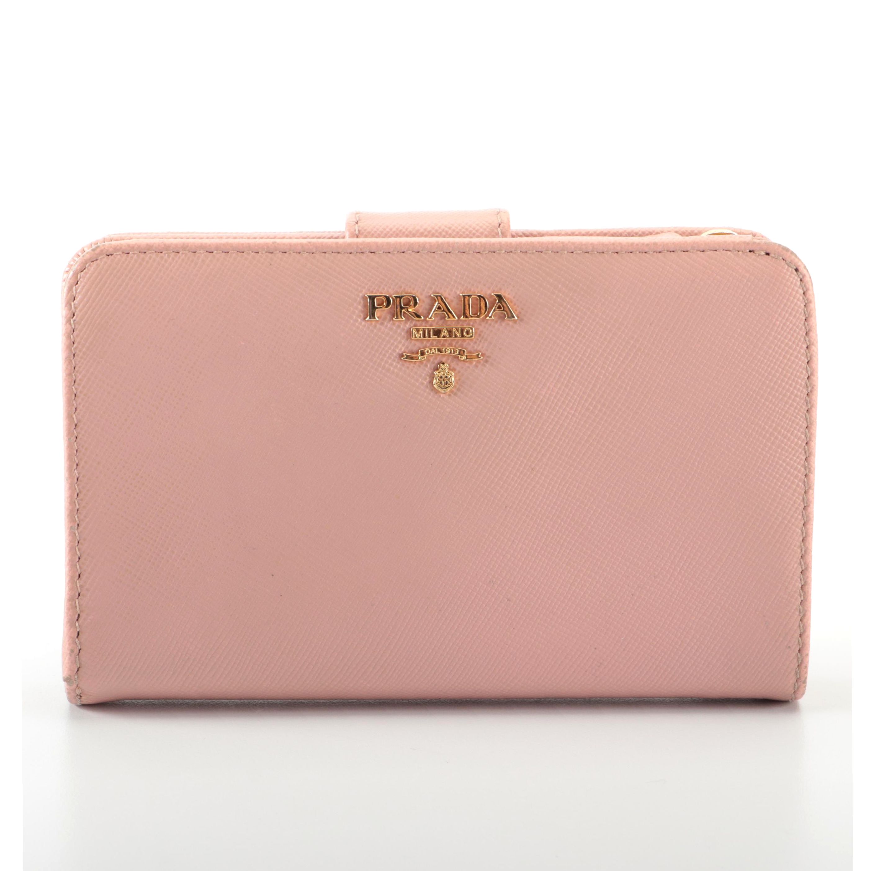 Prada Compact Zip-Around Wallet in Pink Saffiano Leather with Box