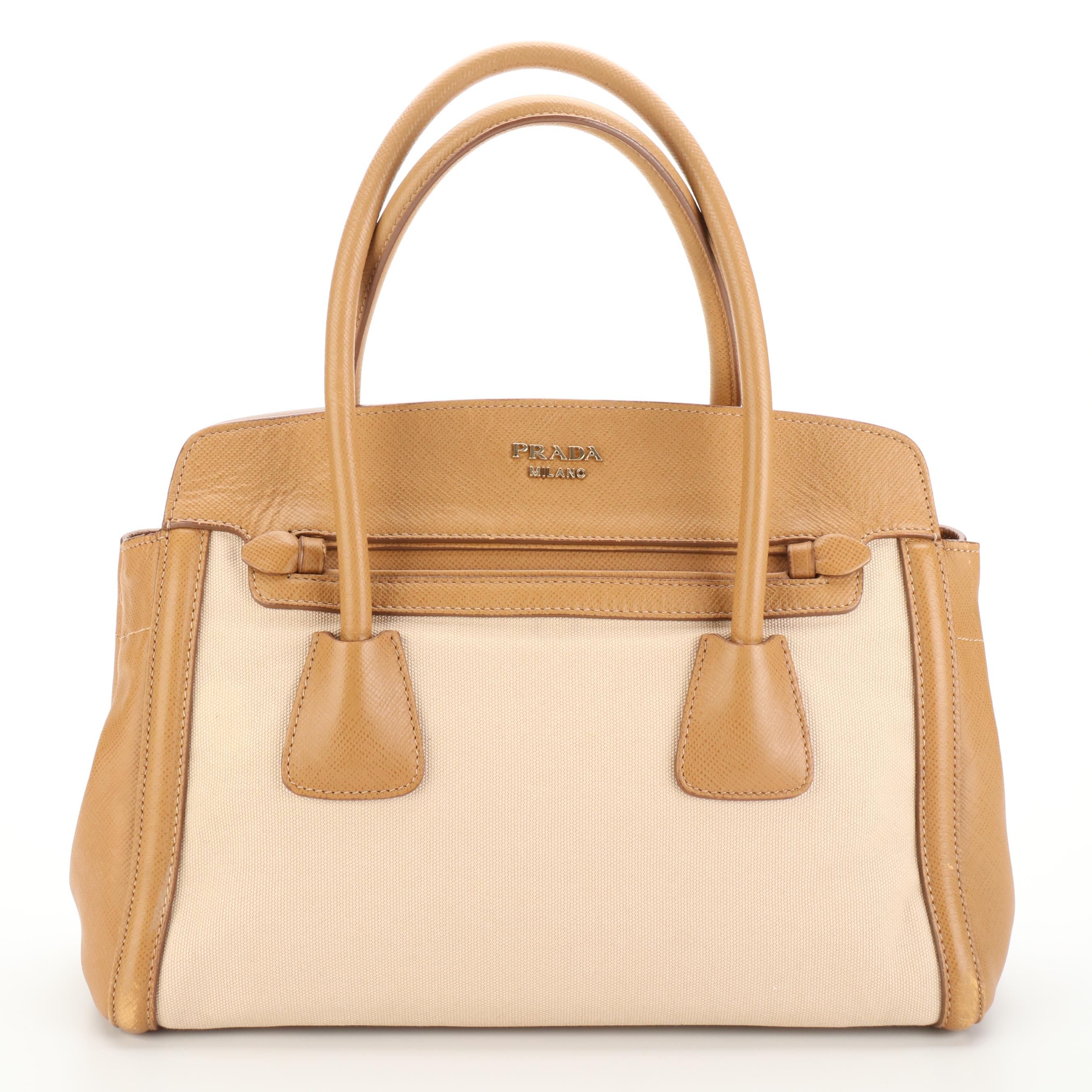 Prada Corda Top Handle Tote Bag in Beige Canvas and Tan Saffiano Leather