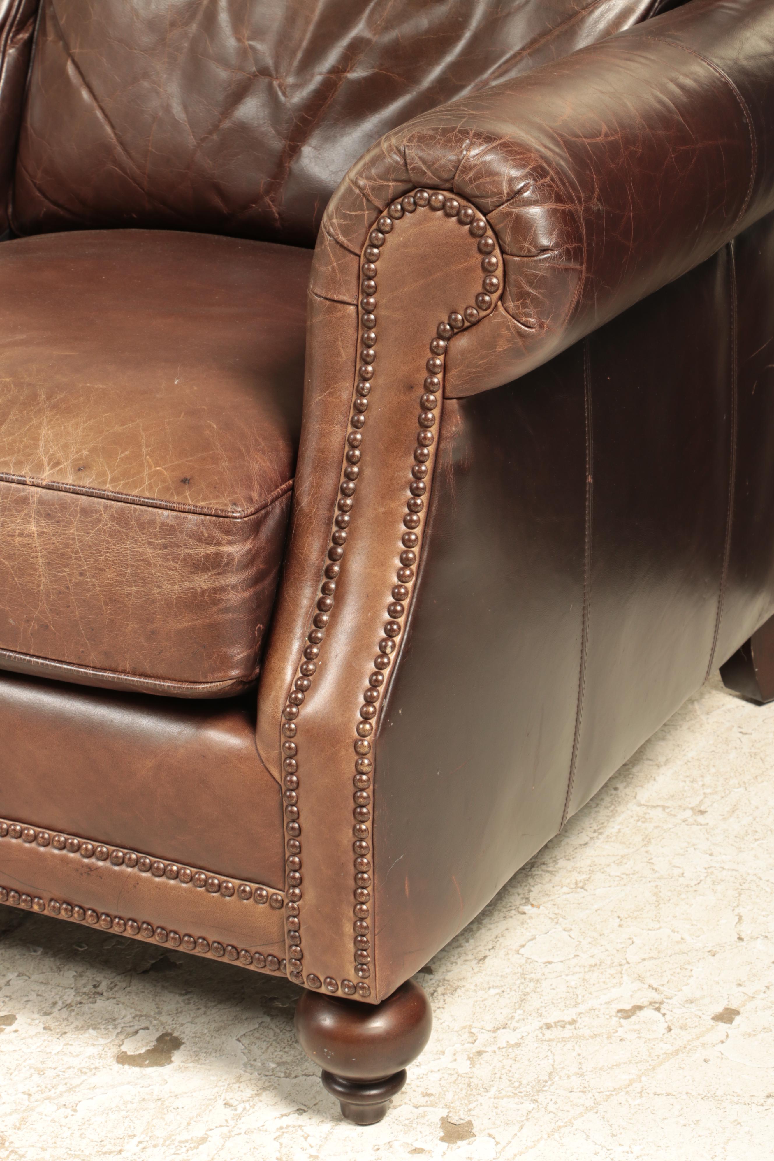 Bernhardt Leather Three-Seat Sofa with Nailhead Trim