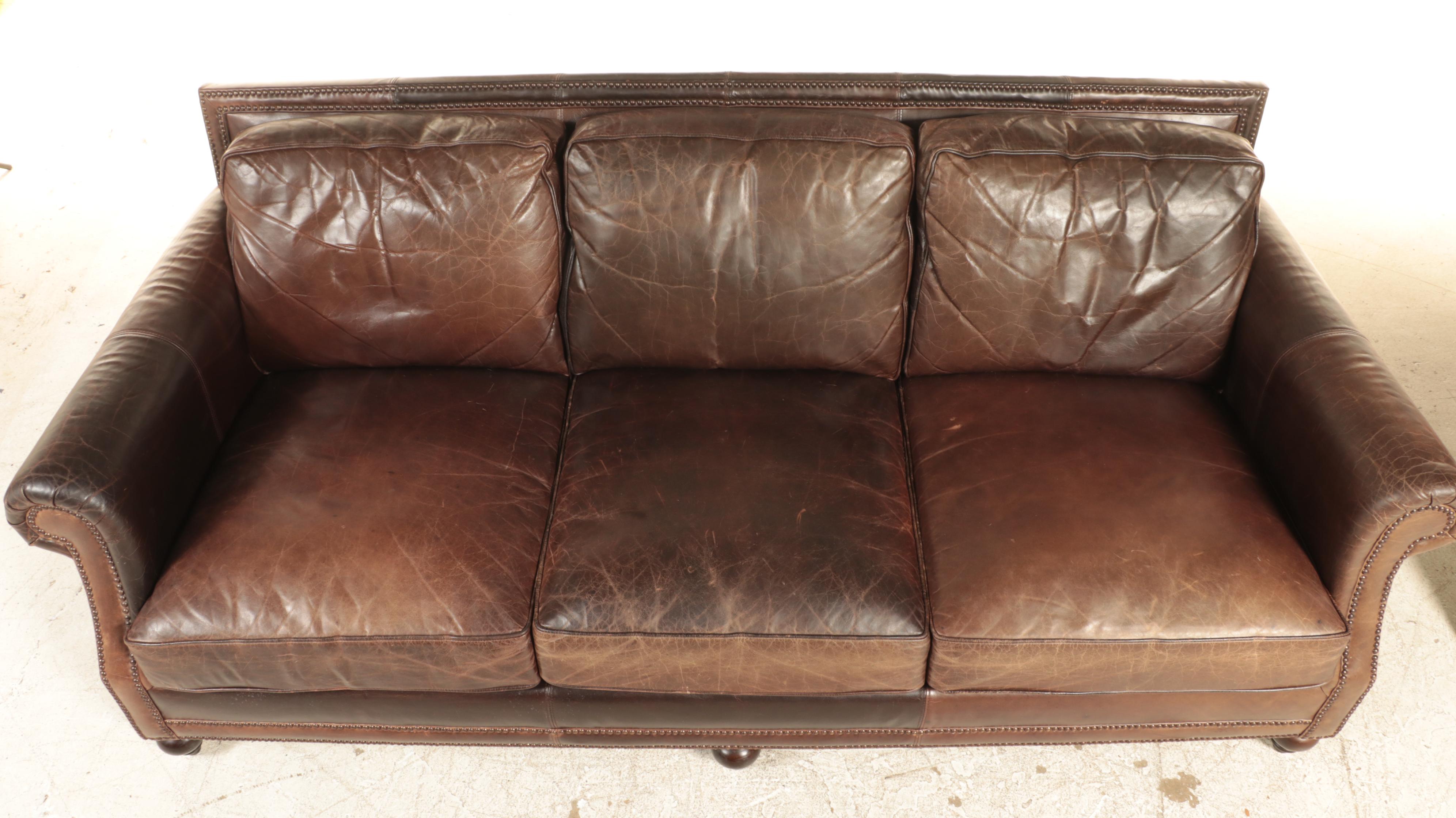 Bernhardt Leather Three-Seat Sofa with Nailhead Trim