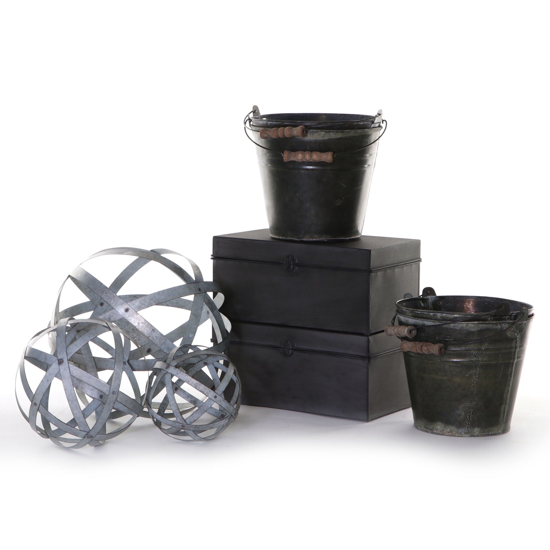 Trio of Galvanized Metal Spheres, Handled Metal Boxes and Rustic Metal Pails