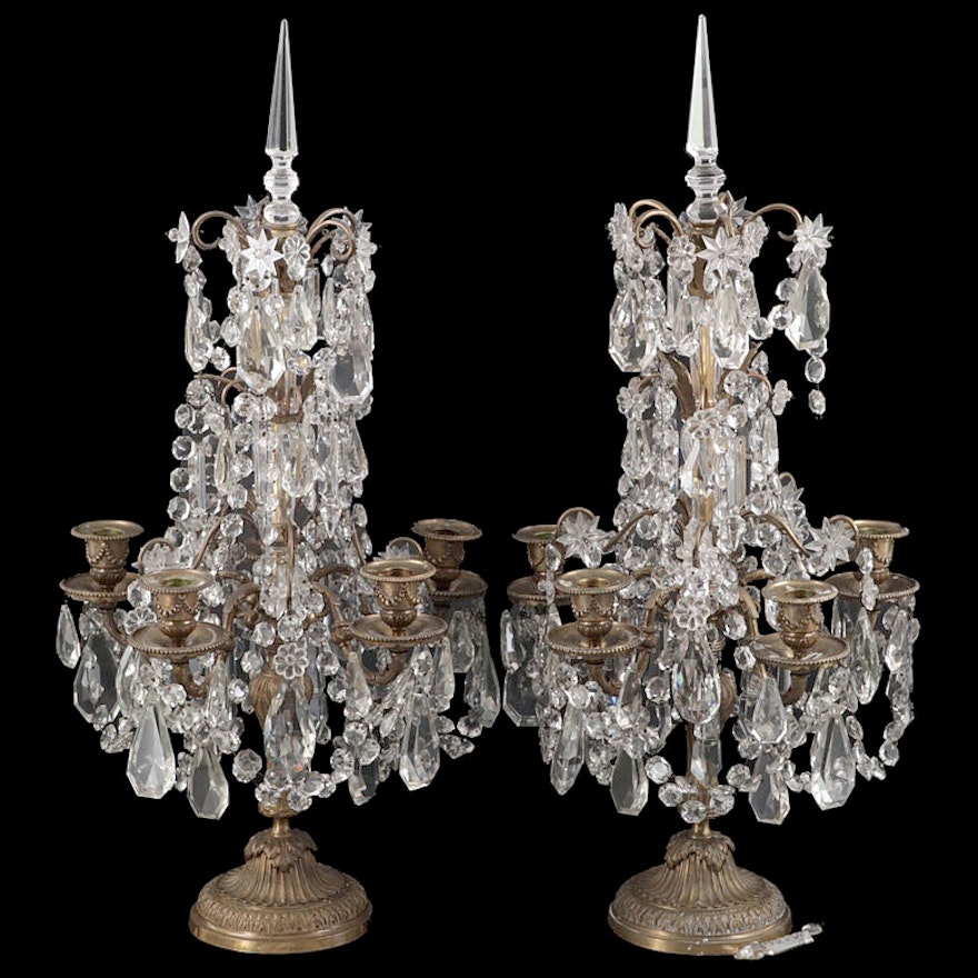 Louis XVI Style Gilt Metal and Crystal Girandole Candelabras