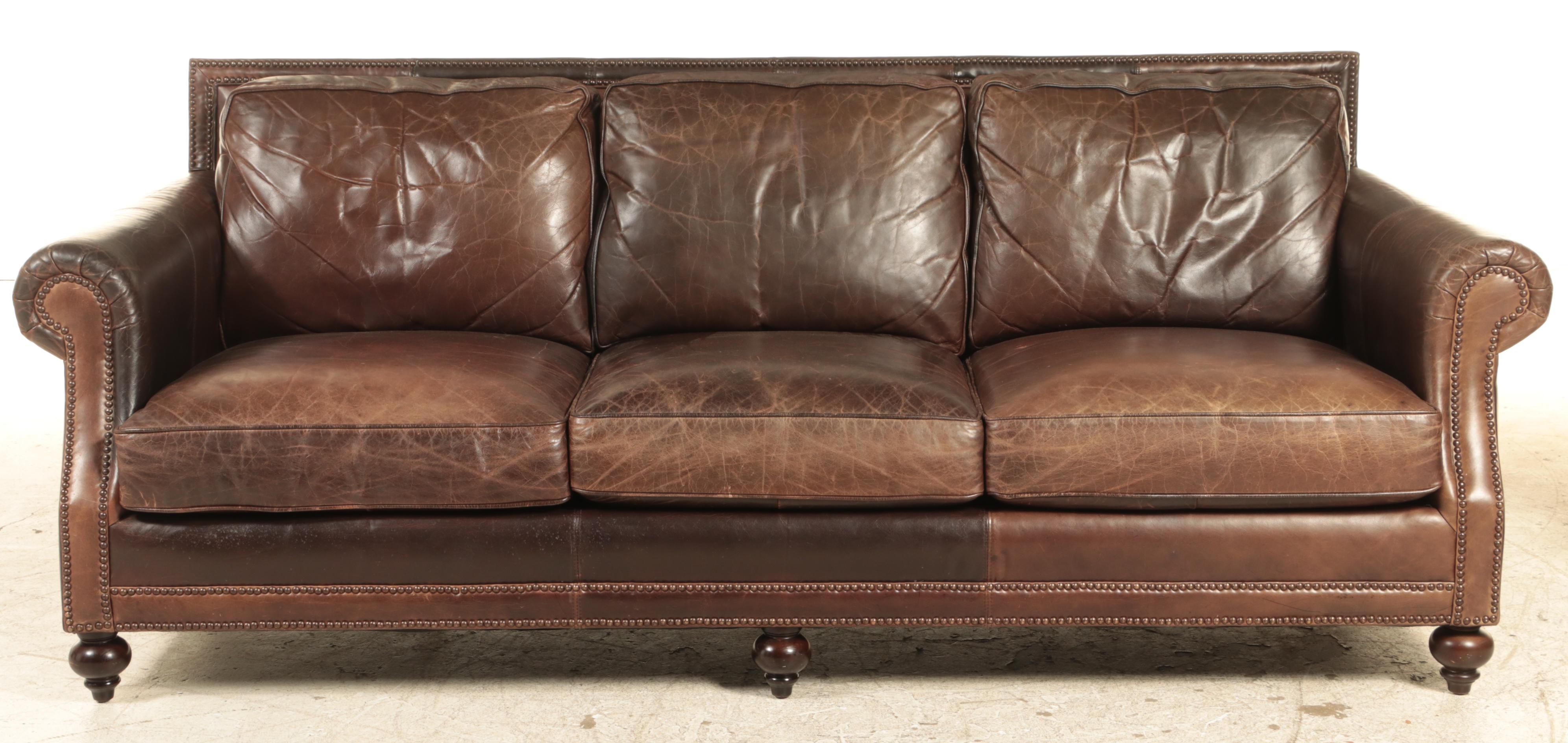 Bernhardt Leather Three-Seat Sofa with Nailhead Trim