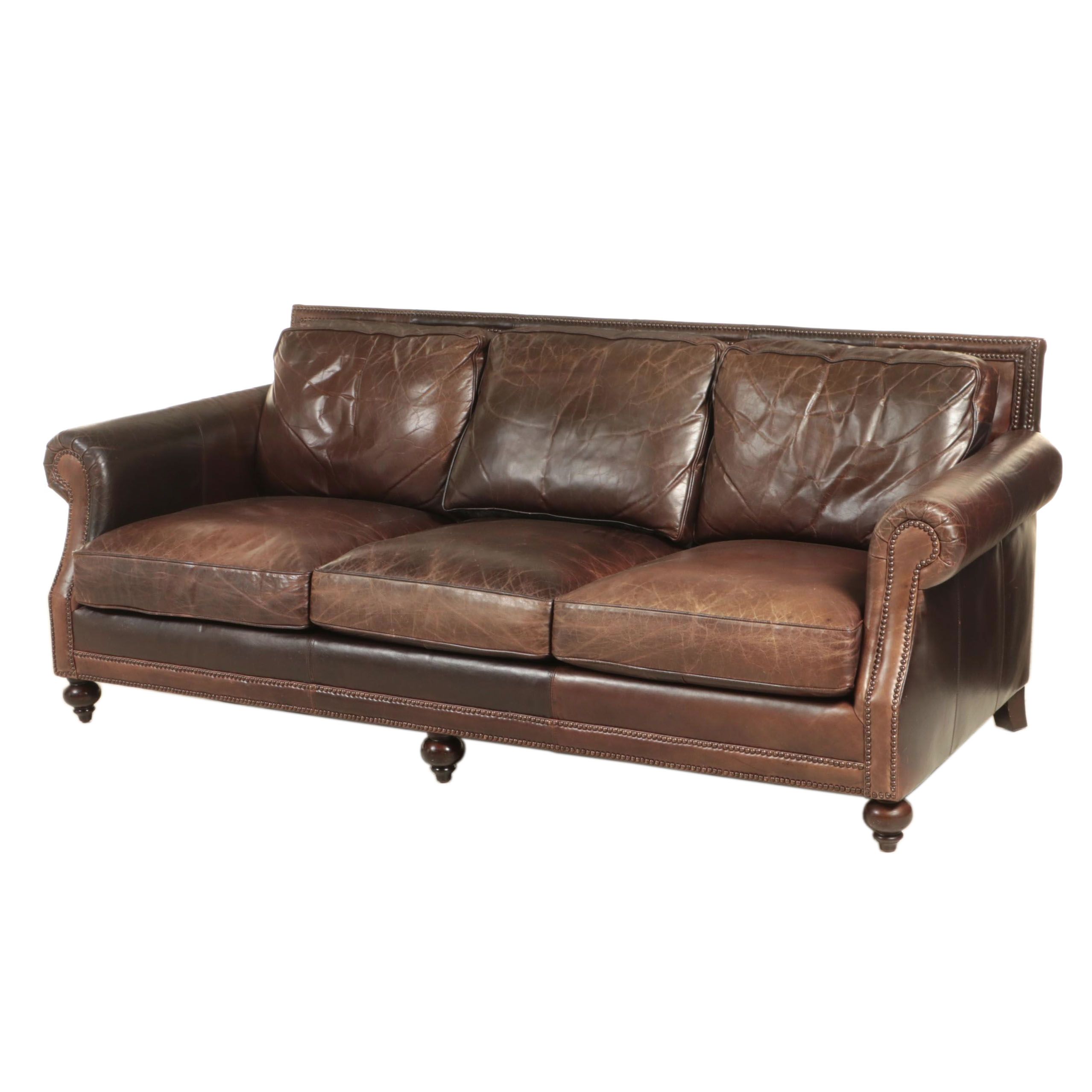 Bernhardt Leather Three-Seat Sofa with Nailhead Trim