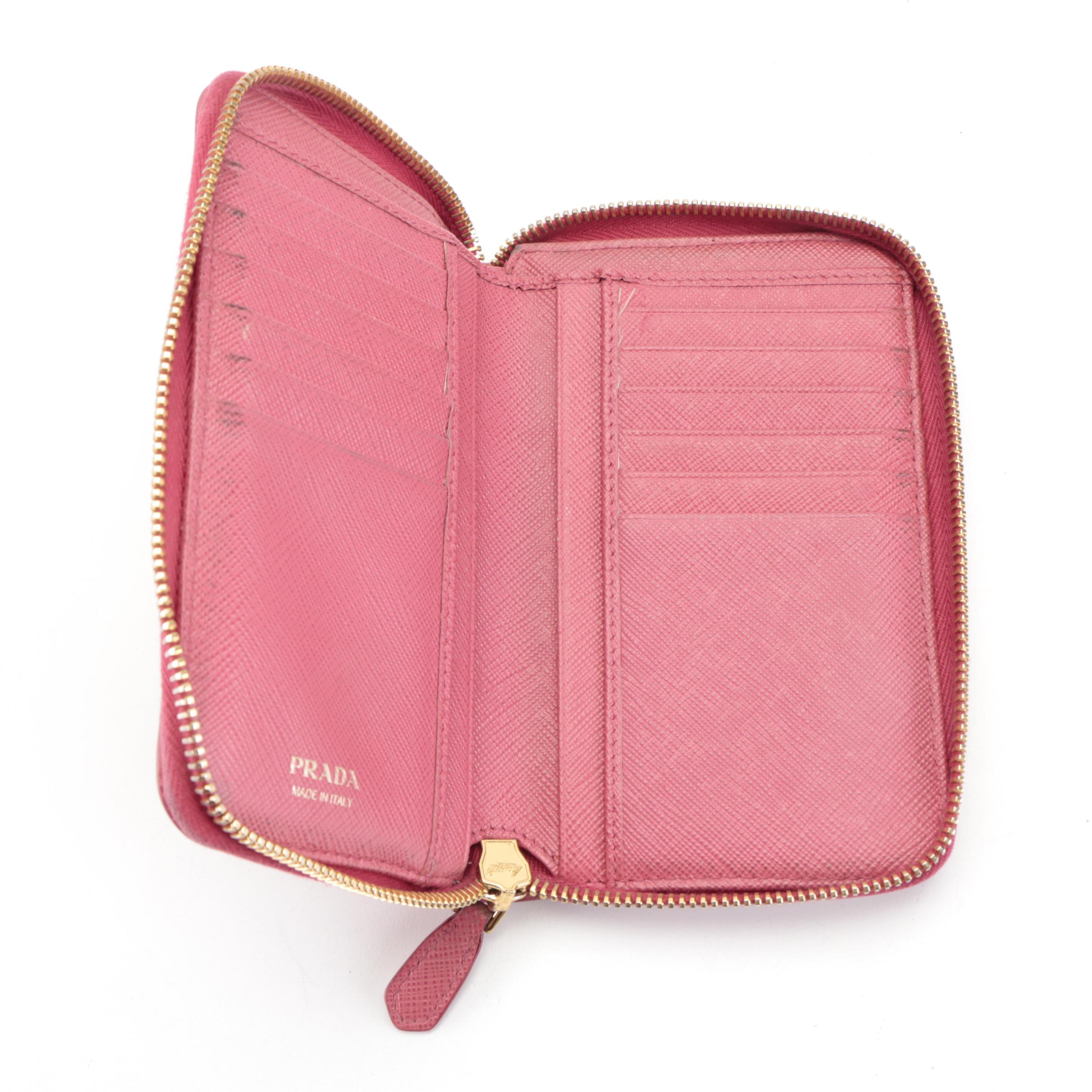 Prada Bifold Zip Wallet in Pink Saffiano Leather