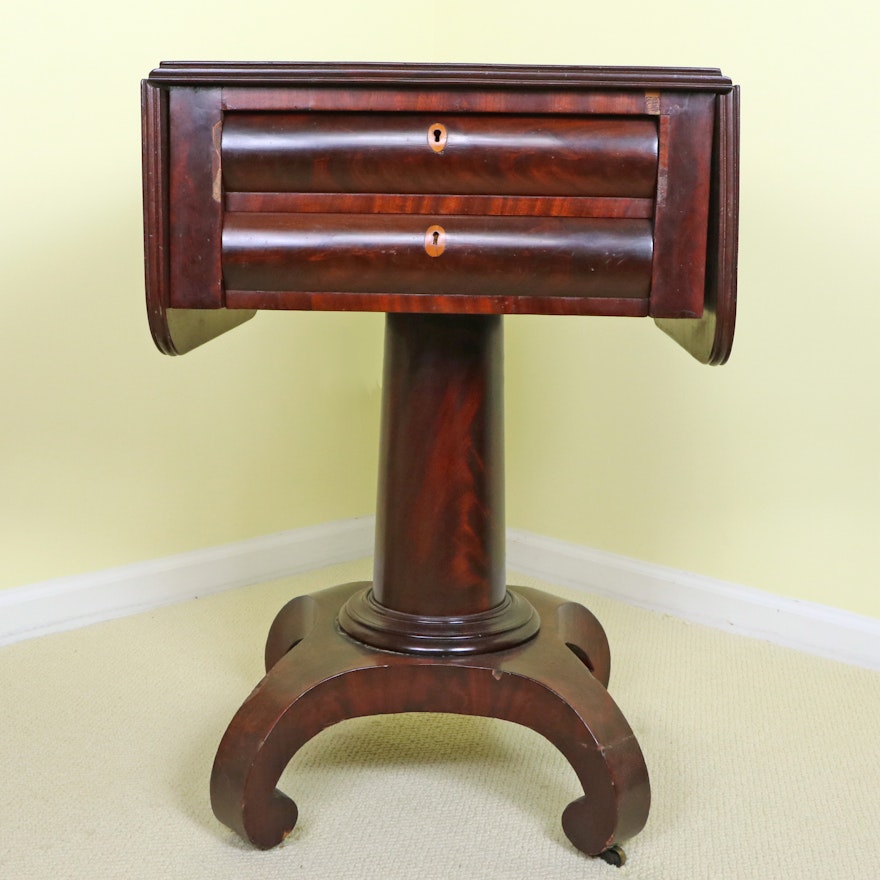 Empire Drop Leaf Work Table with Flamed Mahogany Veneer,  Mid-19th Century