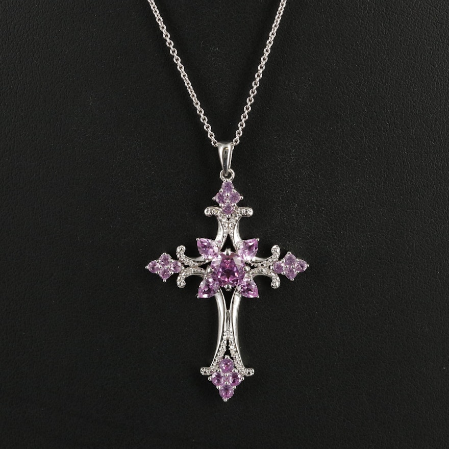 Sterling Sapphire and Diamond Cross Pendant Necklace