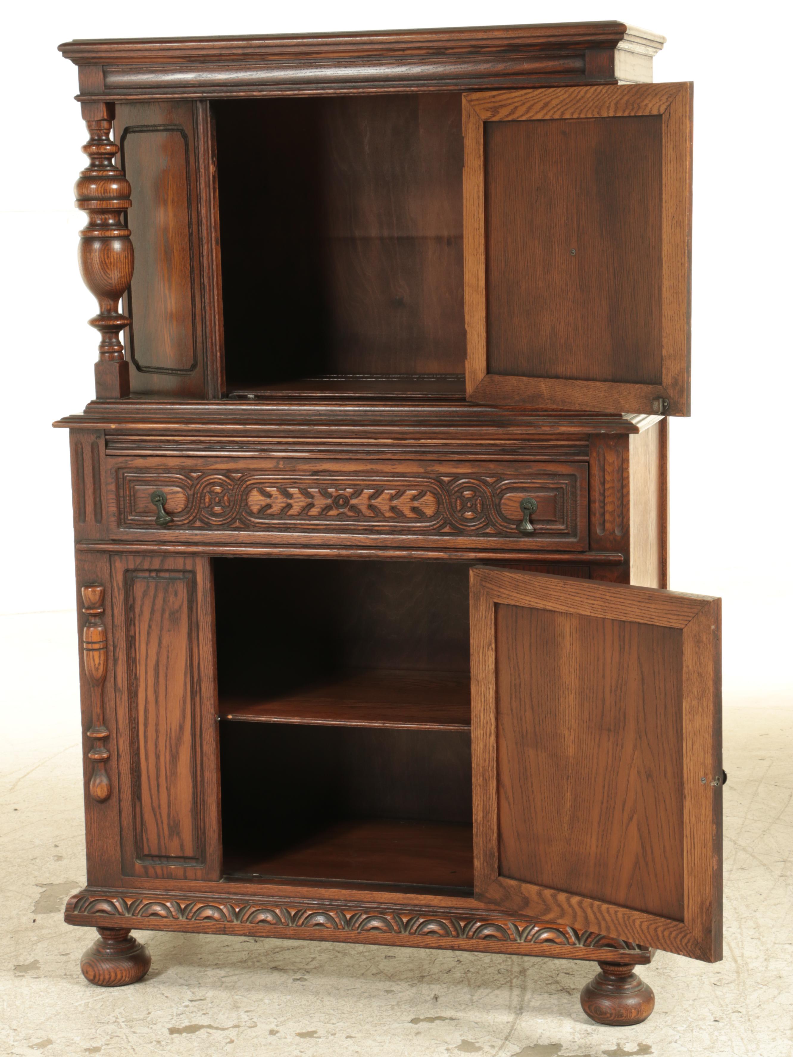 Stille & Duhlmeier Co. Jacobean Style Oak China Cabinet, 1940s