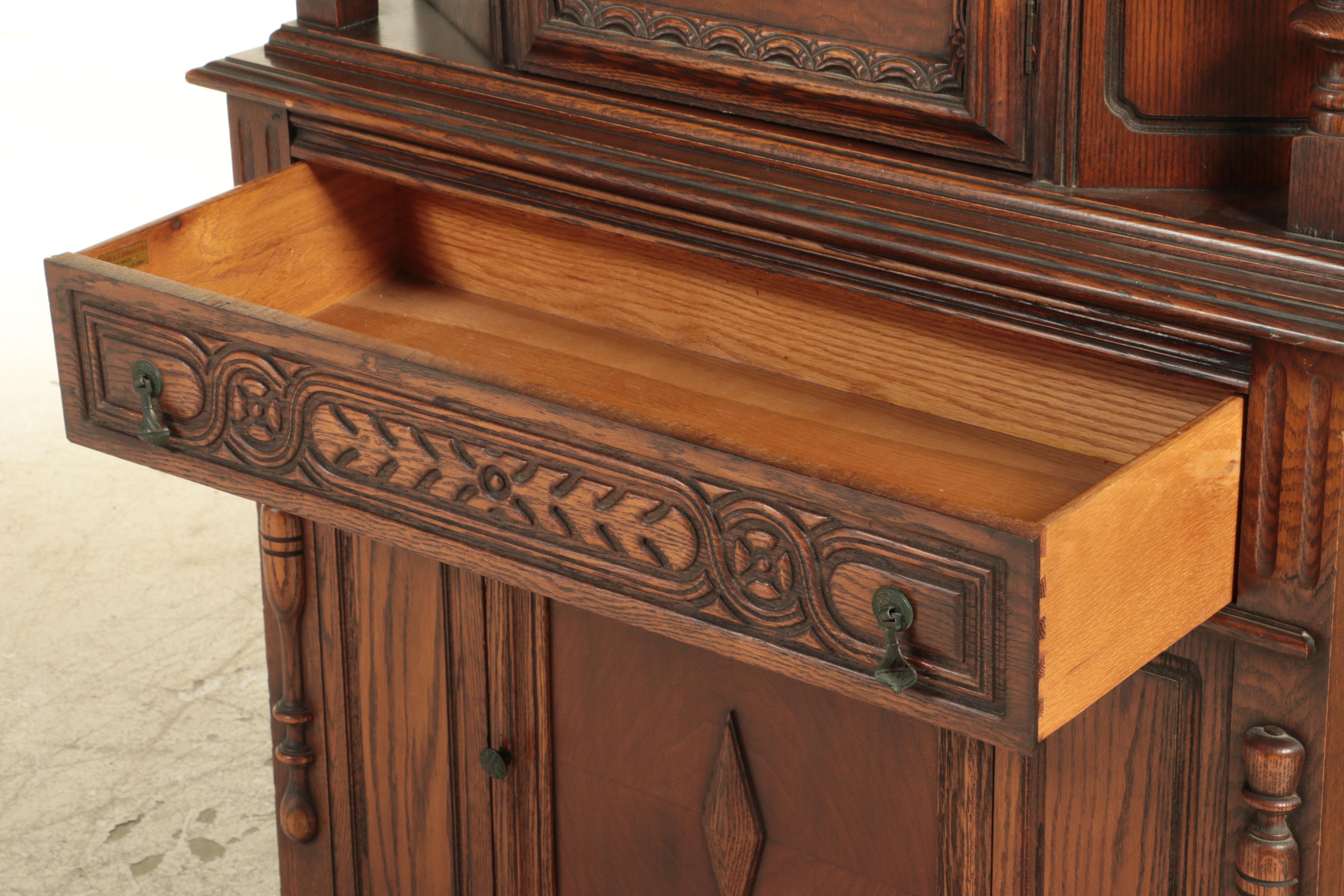 Stille & Duhlmeier Co. Jacobean Style Oak China Cabinet, 1940s