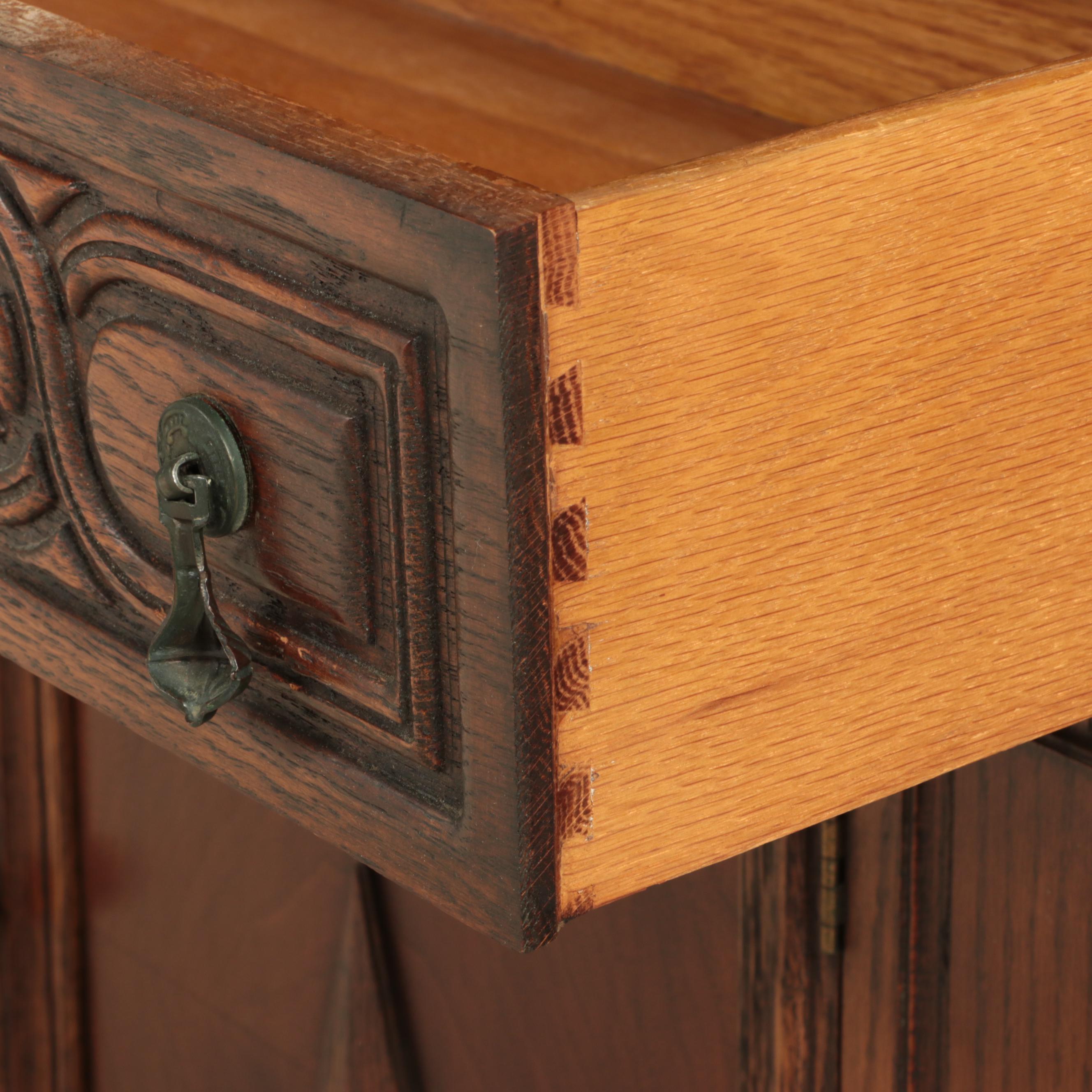 Stille & Duhlmeier Co. Jacobean Style Oak China Cabinet, 1940s