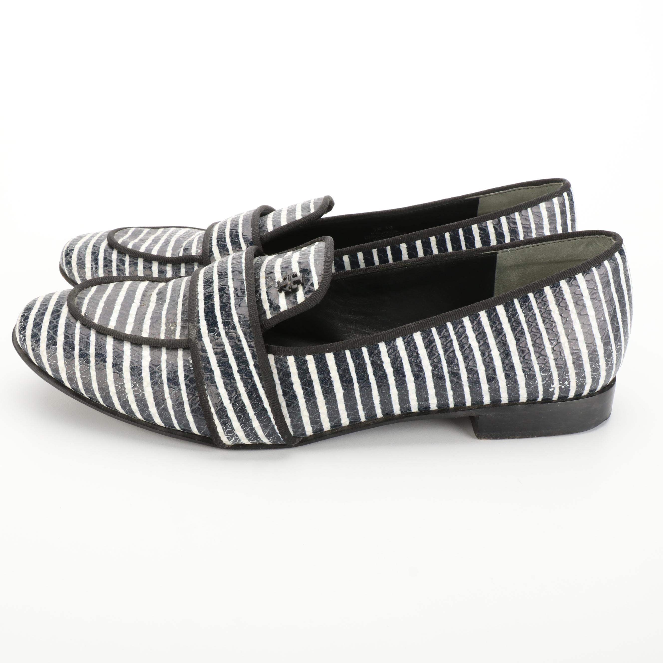 Tory Burch Evette Loafers in Navy and White Stripe Embossed Leather