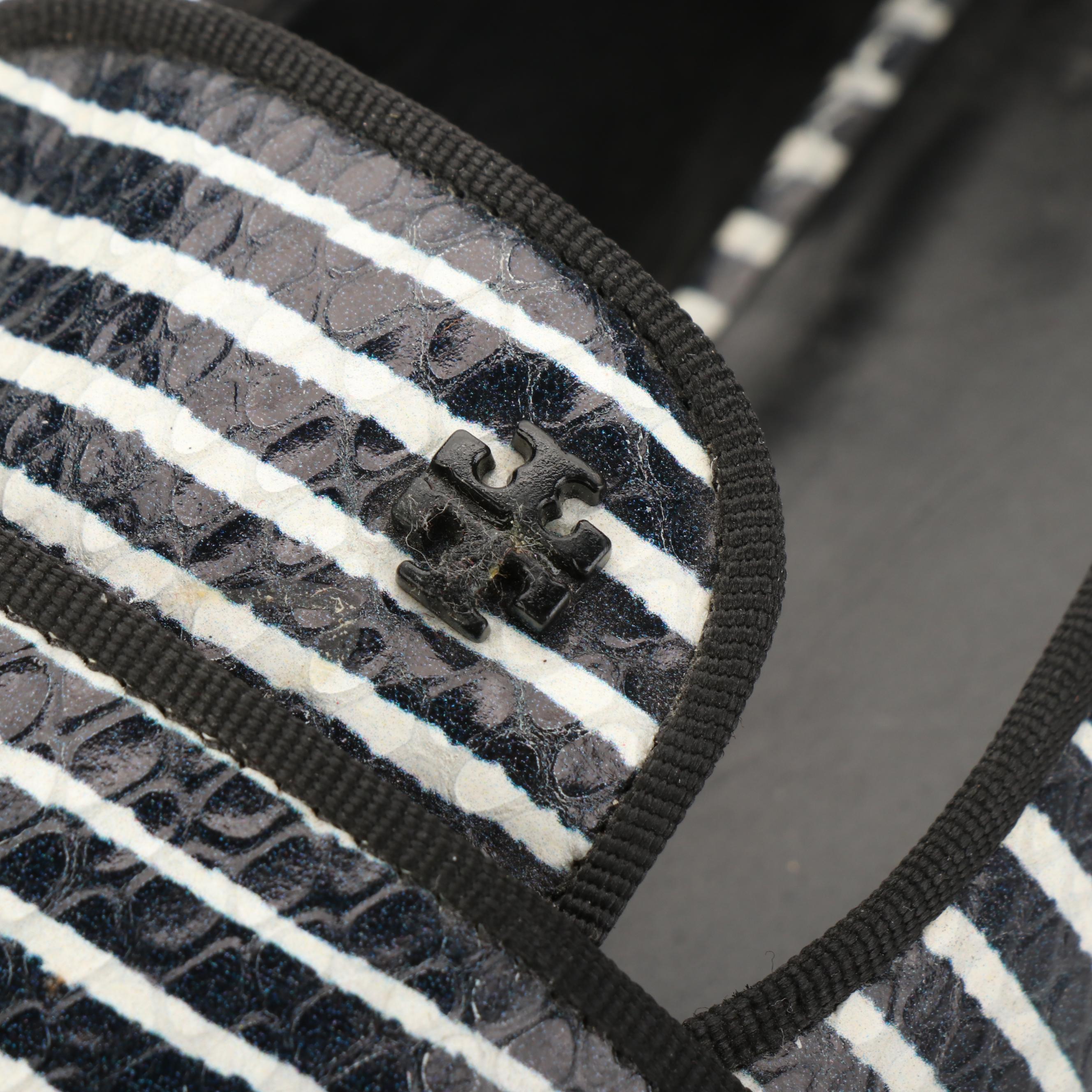 Tory Burch Evette Loafers in Navy and White Stripe Embossed Leather