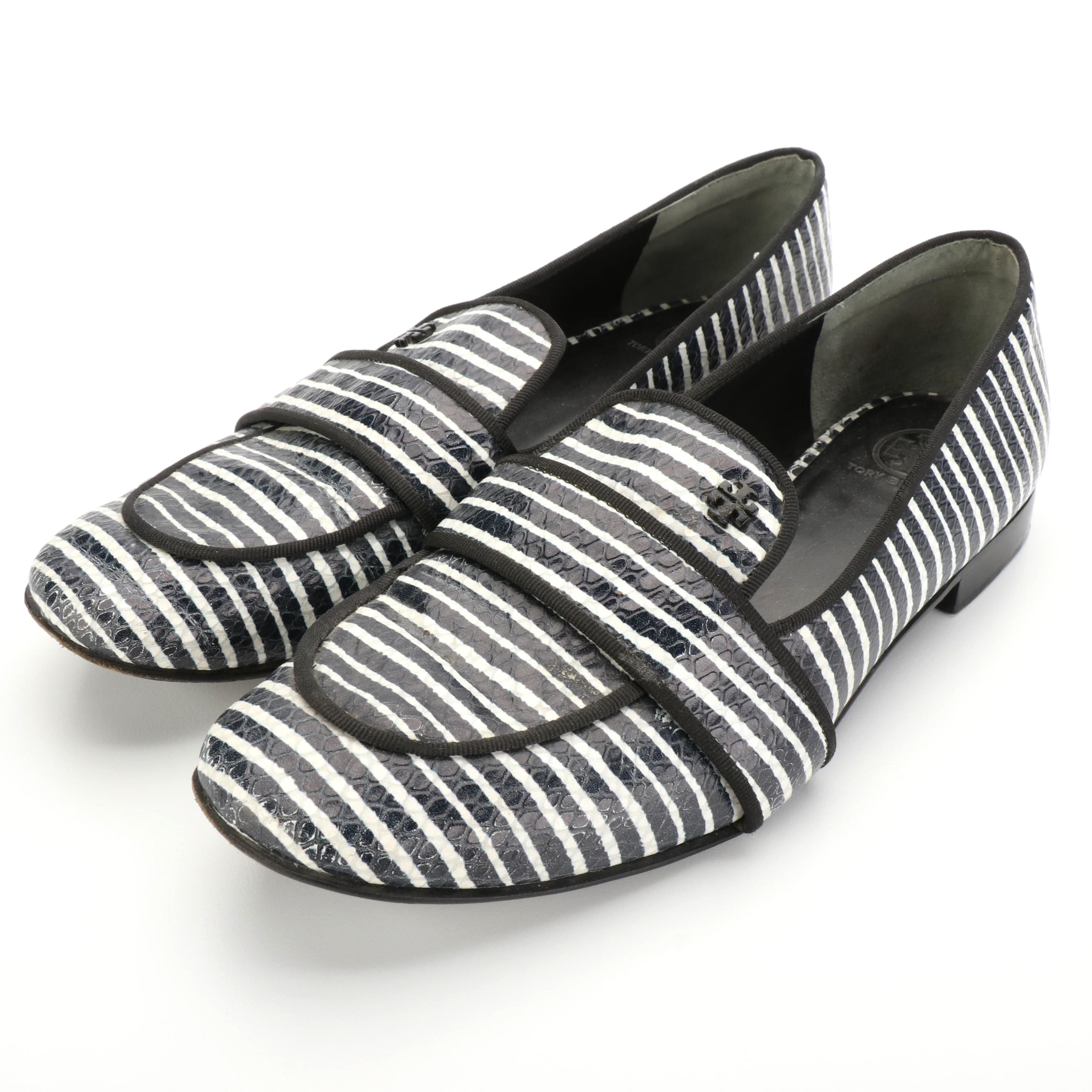 Tory Burch Evette Loafers in Navy and White Stripe Embossed Leather