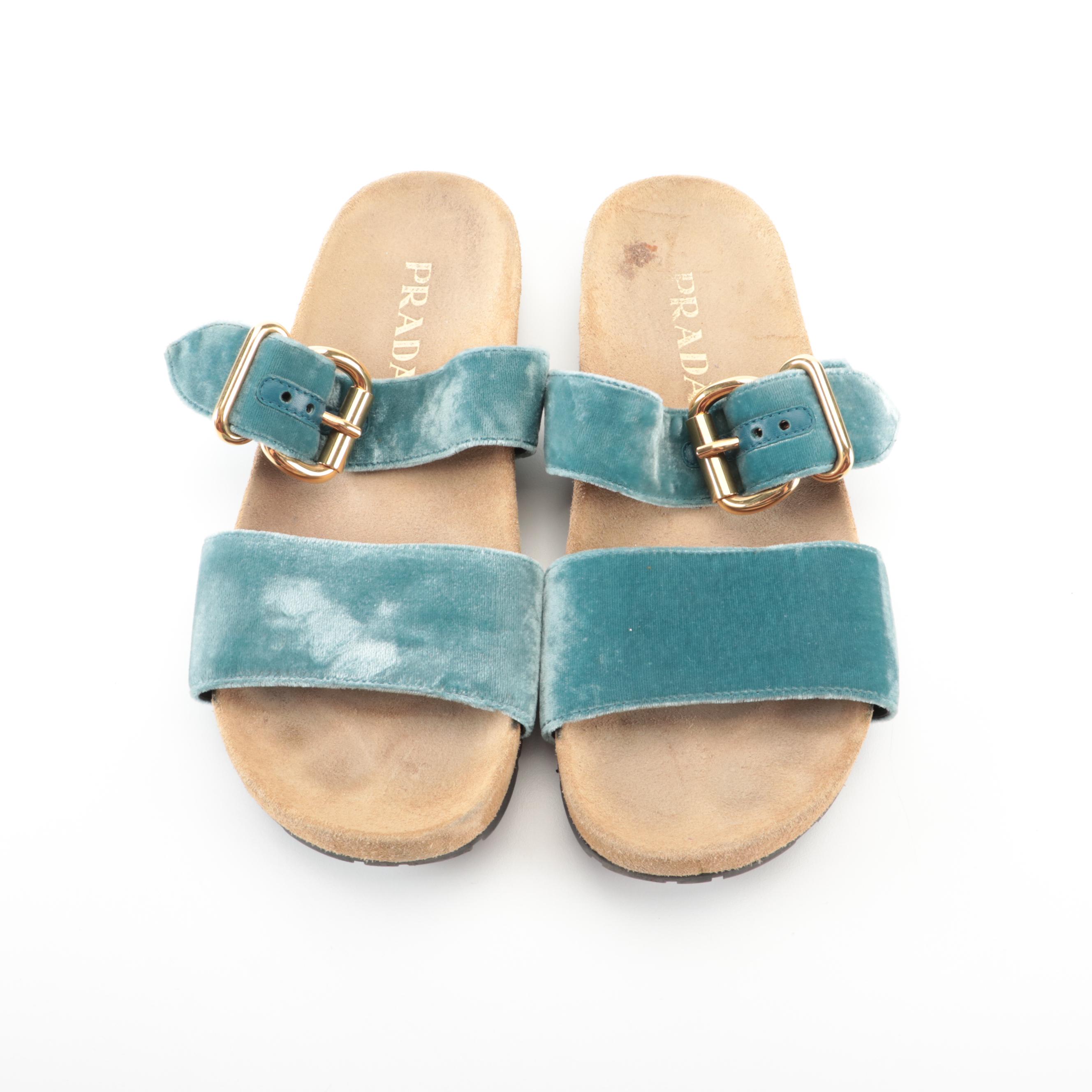 Prada Birkenstocks in Blue Velvet