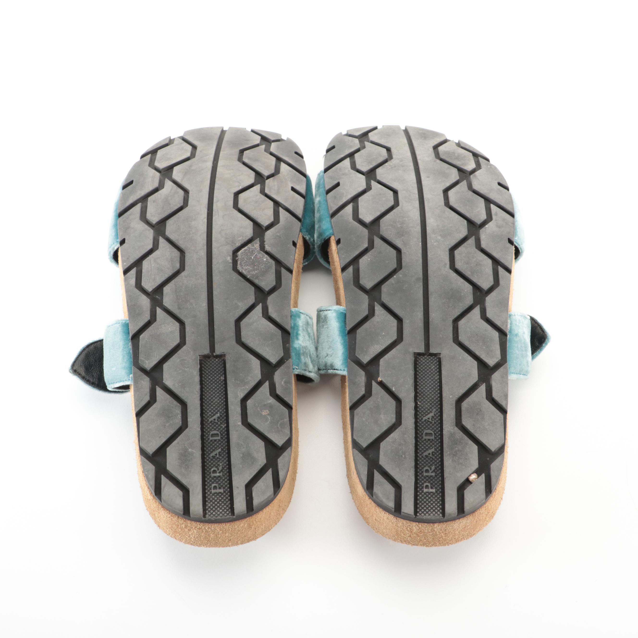 Prada Birkenstocks in Blue Velvet
