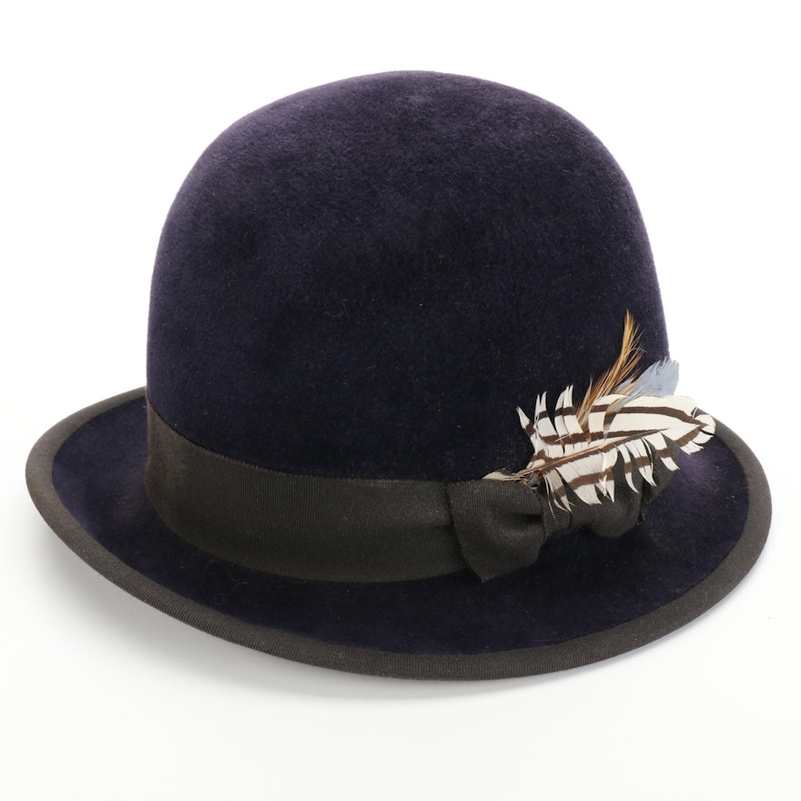 Rod Keenan New York Dark Purple Fur Felt Hat with Grosgrain and Feather Trim