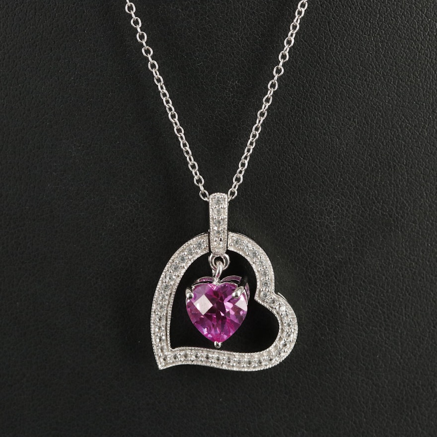 Sterling Ruby and White Sapphire Heart Pendant Necklace