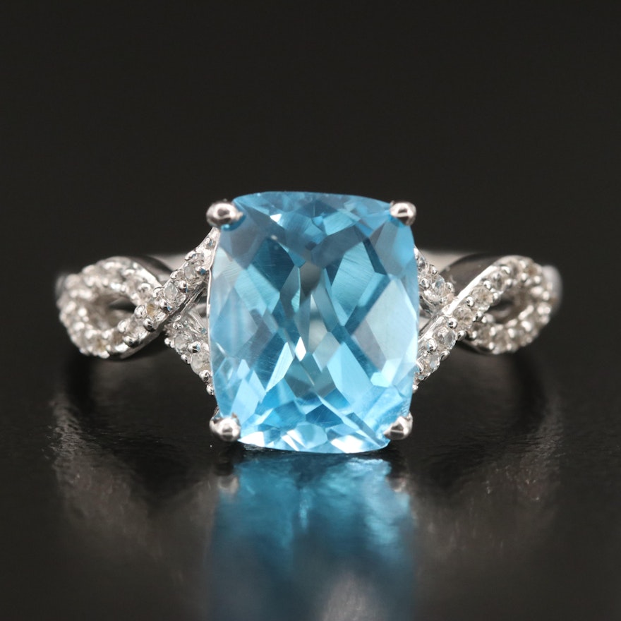 Sterling Swiss Blue and White Topaz Ring with Loop Shoulders