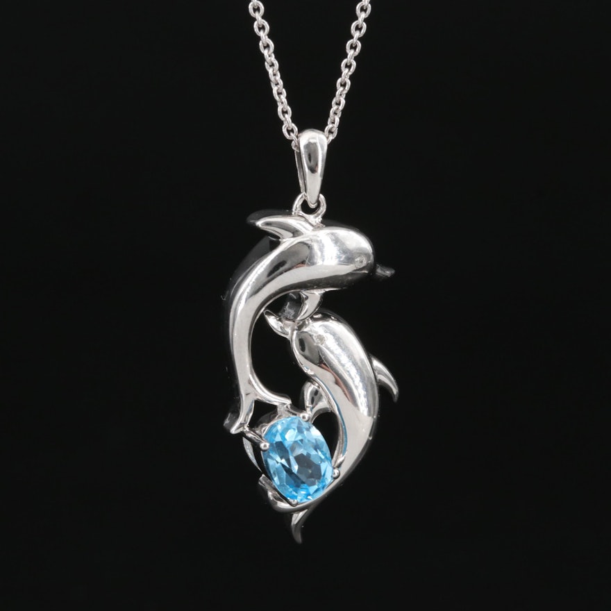 Sterling Swiss Blue Topaz and Diamond Dolphin Pendant Necklace