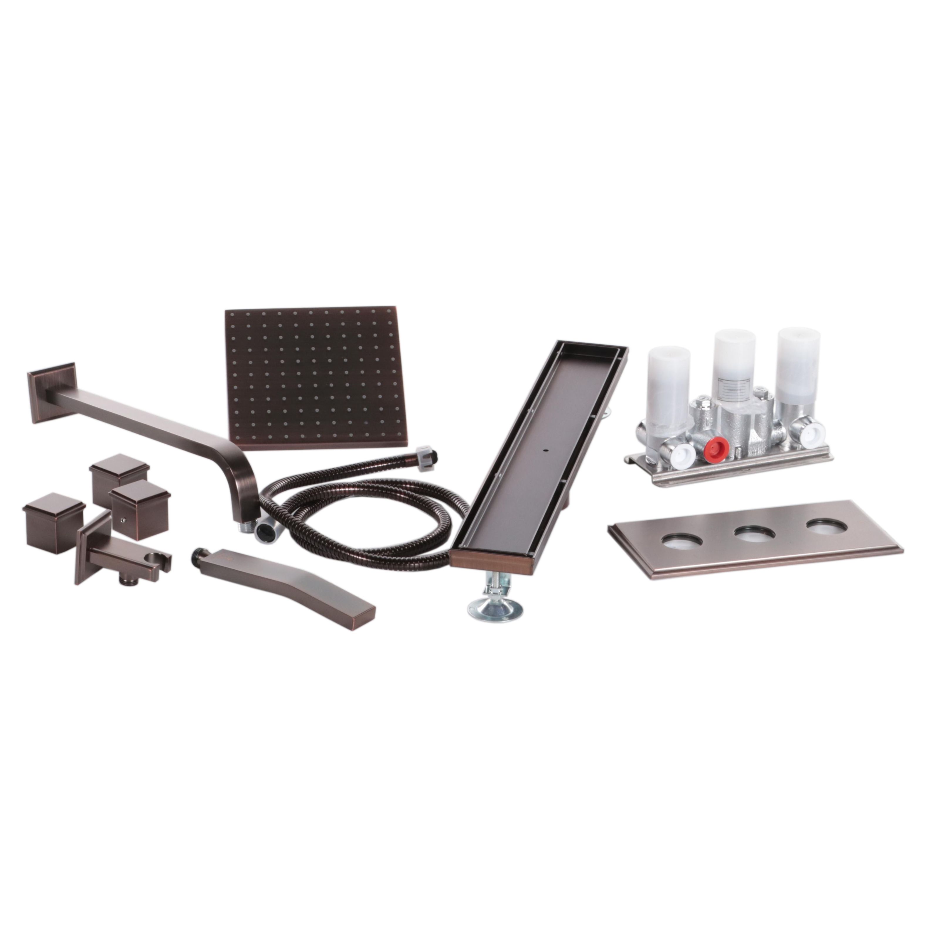 4-Way Thermostatic Valve, Shower Drain, Arm, Hose and Head, Supply Elbow