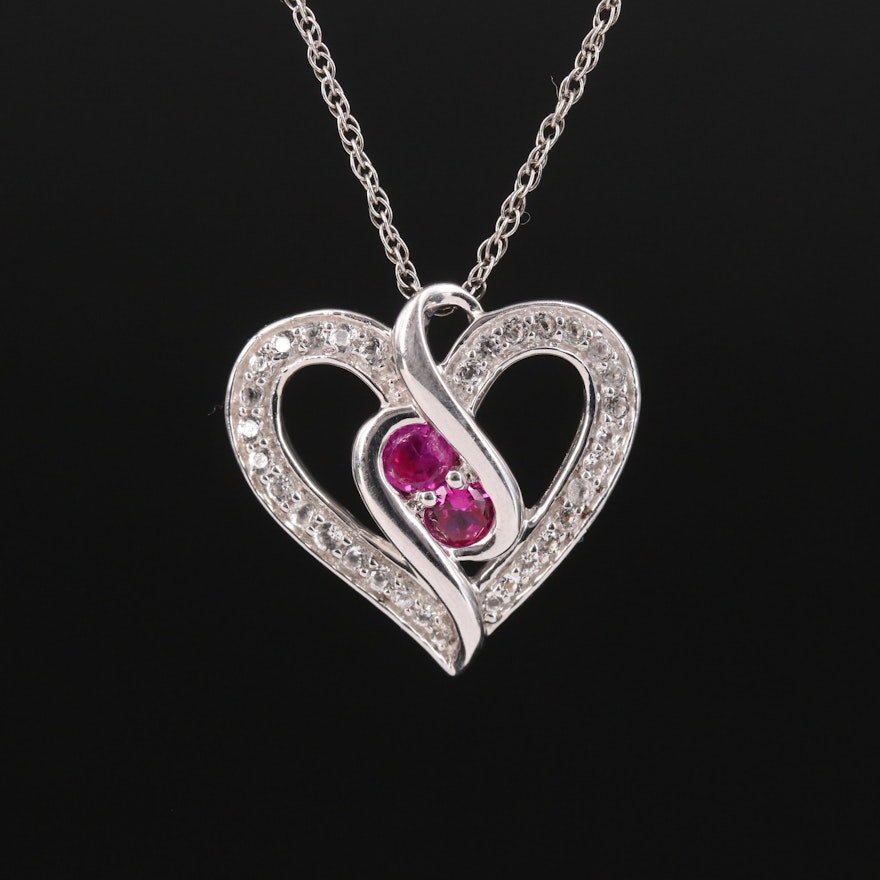 Sterling Ruby and Sapphire Heart Pendant Necklace