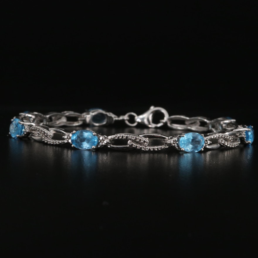 Sterling Swiss Blue Topaz and Diamond Link Bracelet