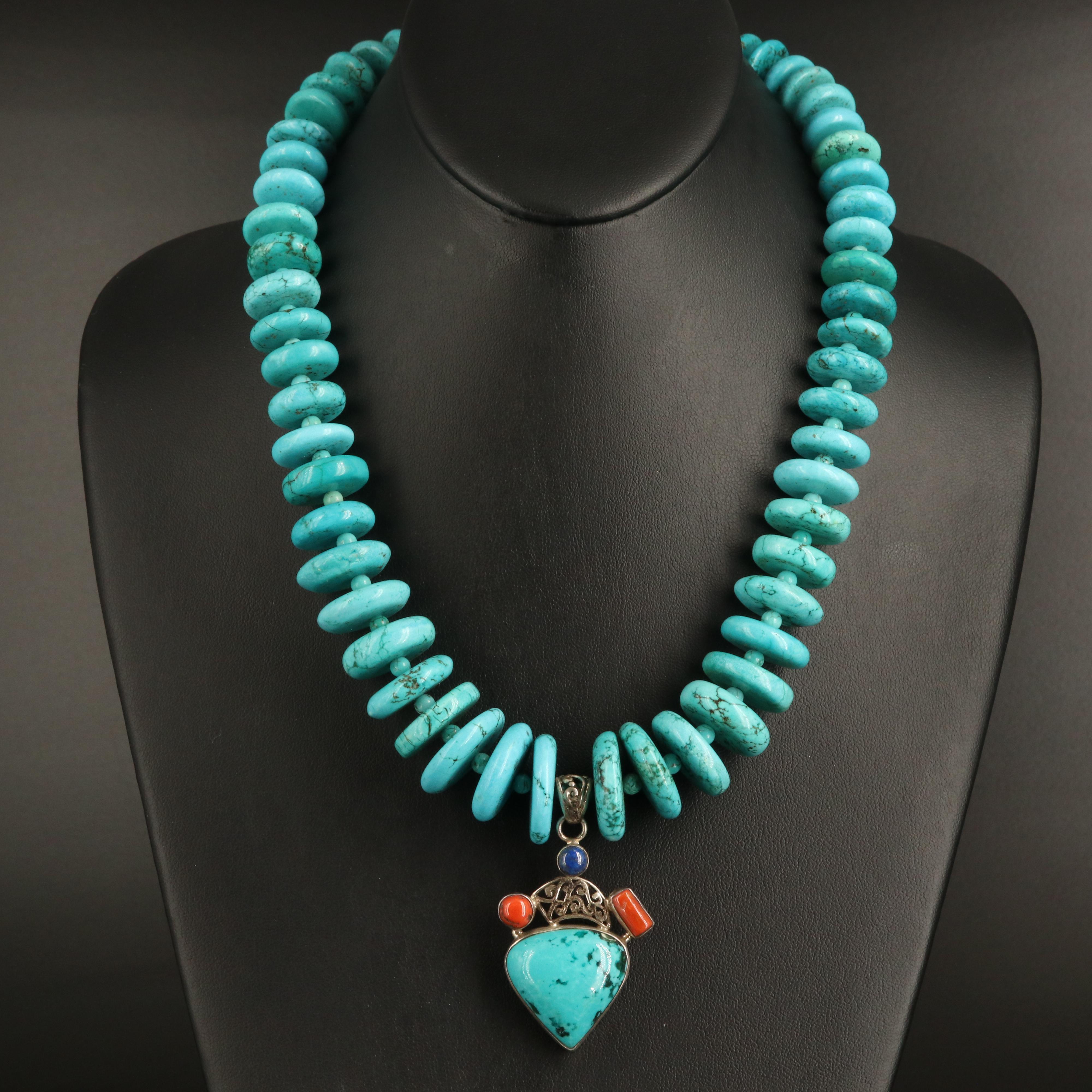 Sterling Graduated Necklace Including Magnesite, Coral and Lapis Lazuli